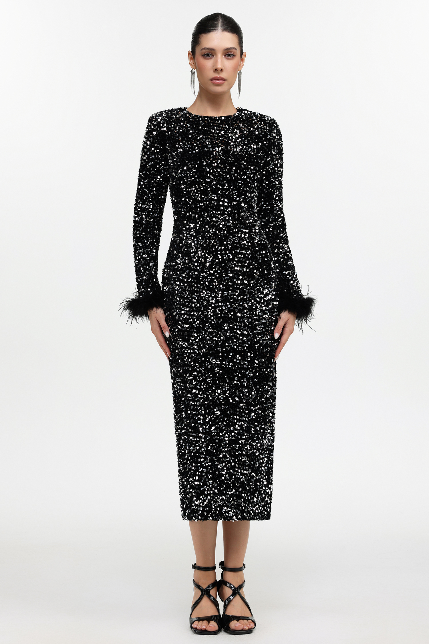 Lilian Glamorous Contour Long Sleeve Sequin Black Maxi Dress