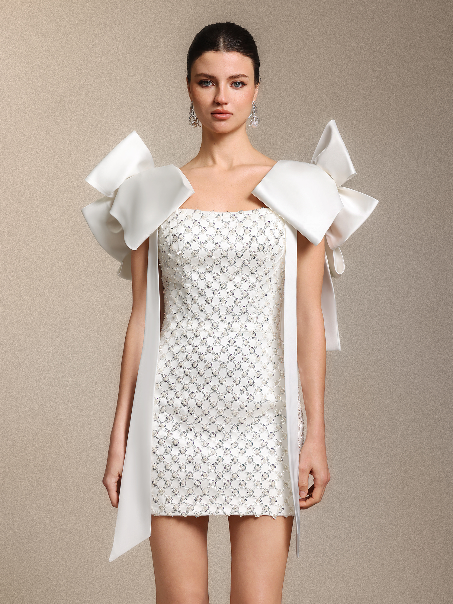 Natasha Chic Curve-enhancing Sequin Beaded Bow White Satin Mini Dress