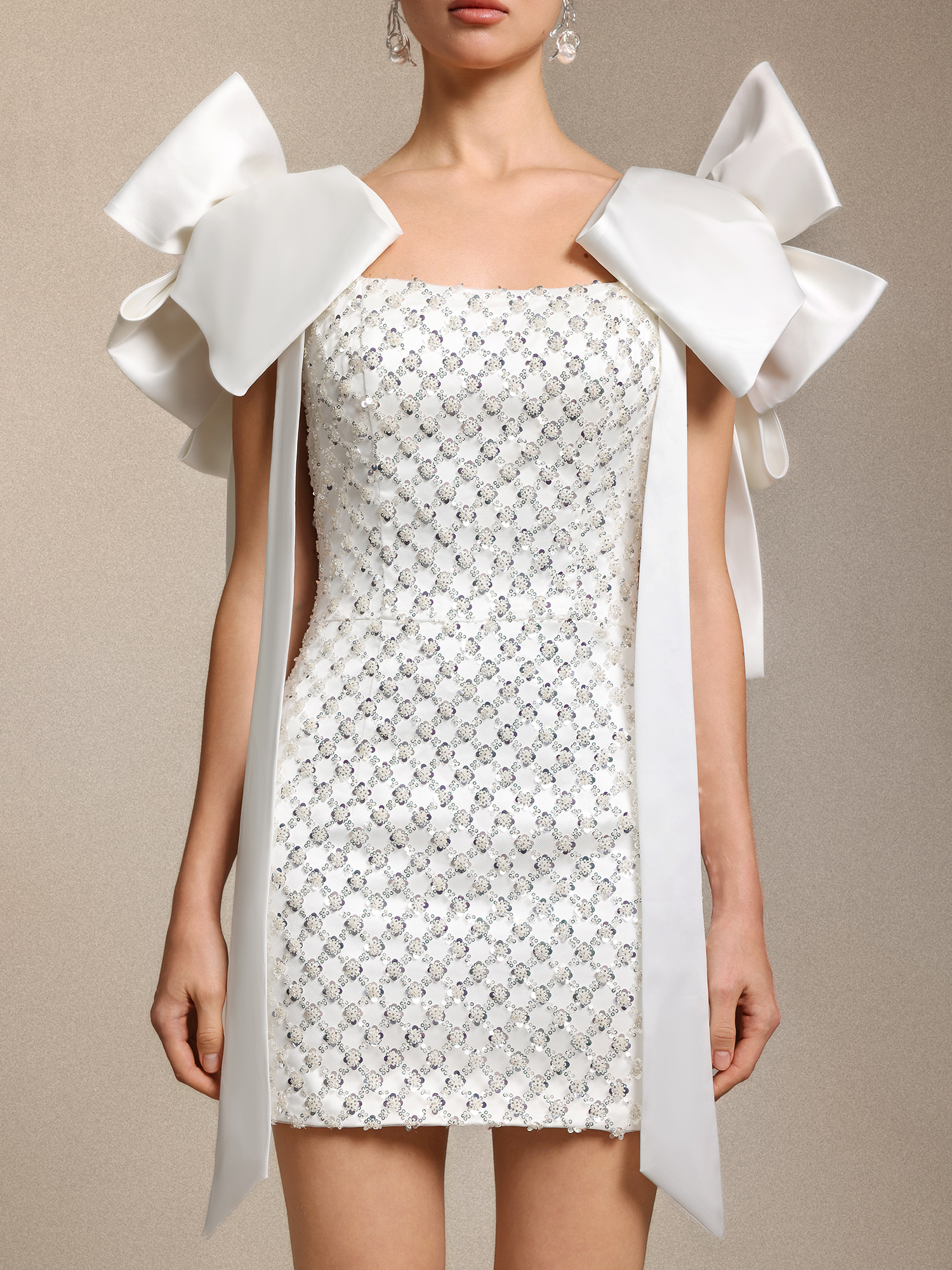 Natasha Chic Curve-enhancing Sequin Beaded Bow White Satin Mini Dress