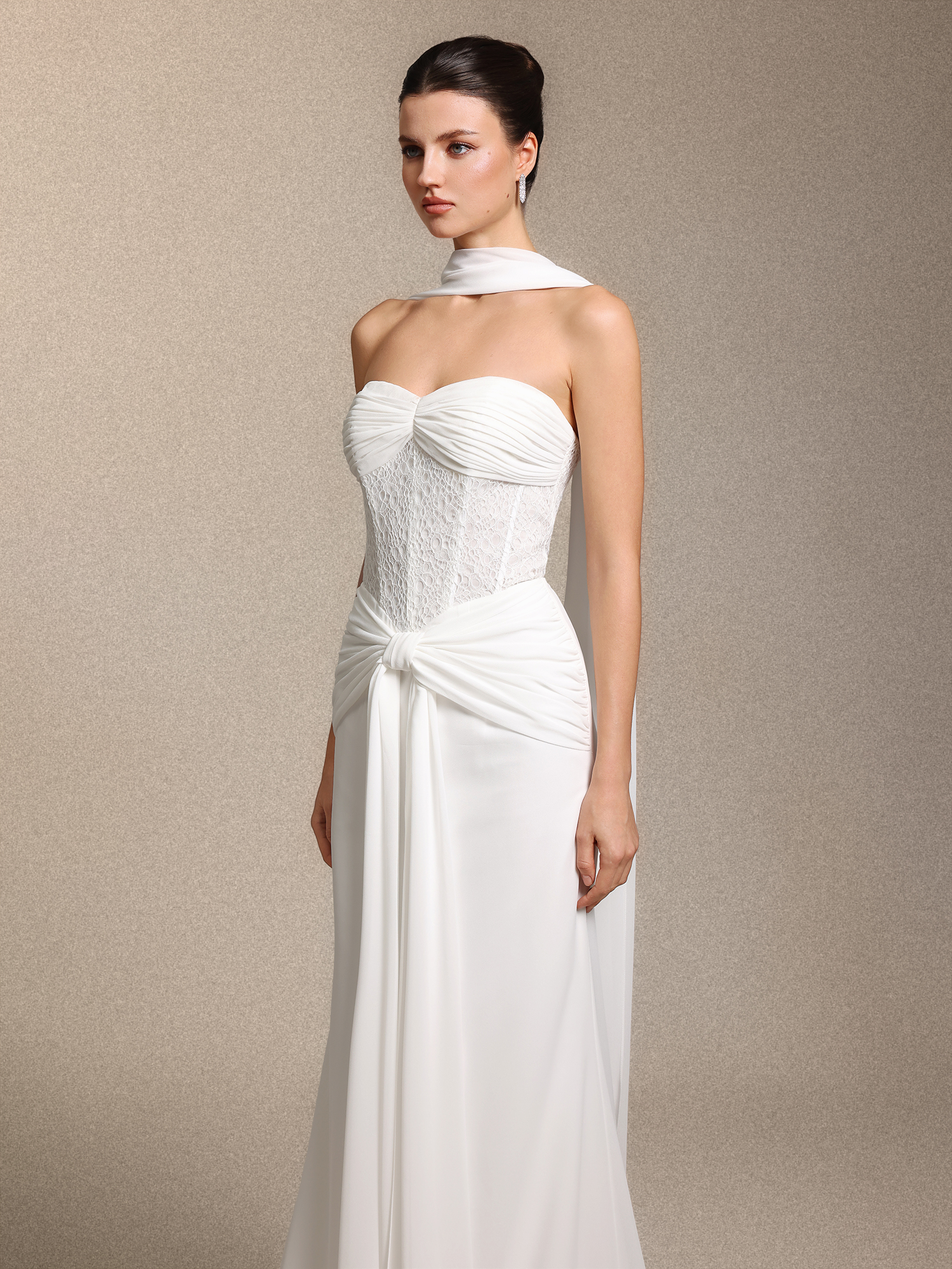 Lenra Elegant Strapless Bow White Lace Chiffon Maxi Dress