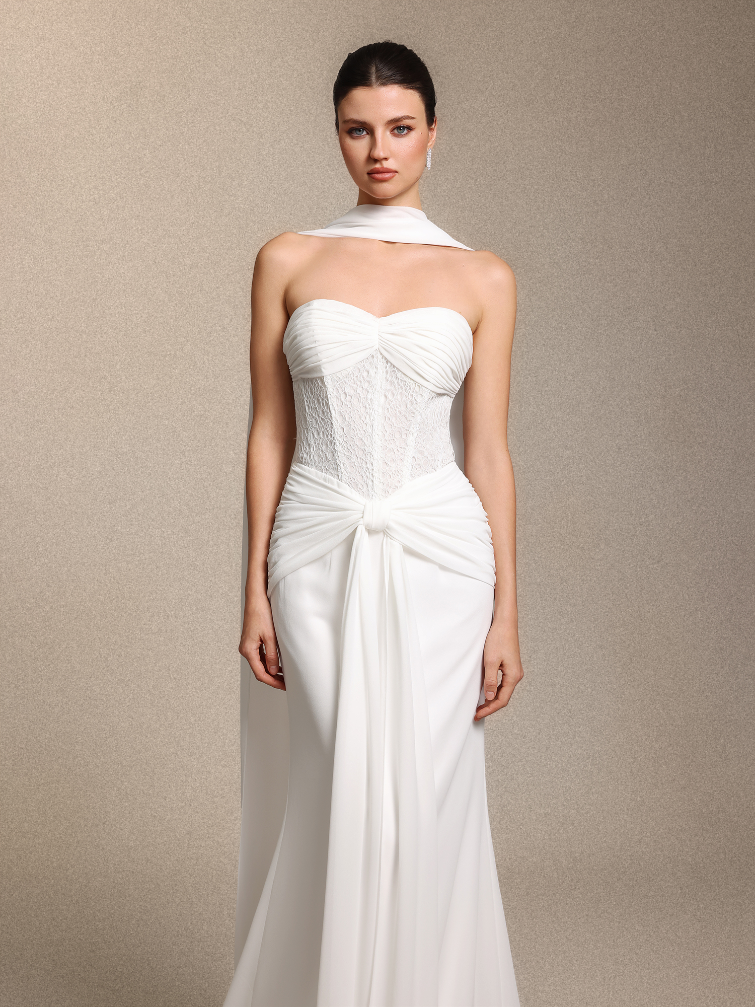 Lenra Elegant Strapless Bow White Lace Chiffon Maxi Dress