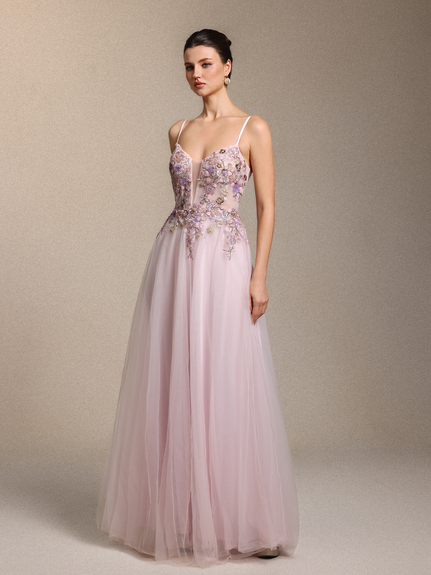 Leanna Elegant Cinched Waist Floral Applique Pink Tulle Maxi Dress