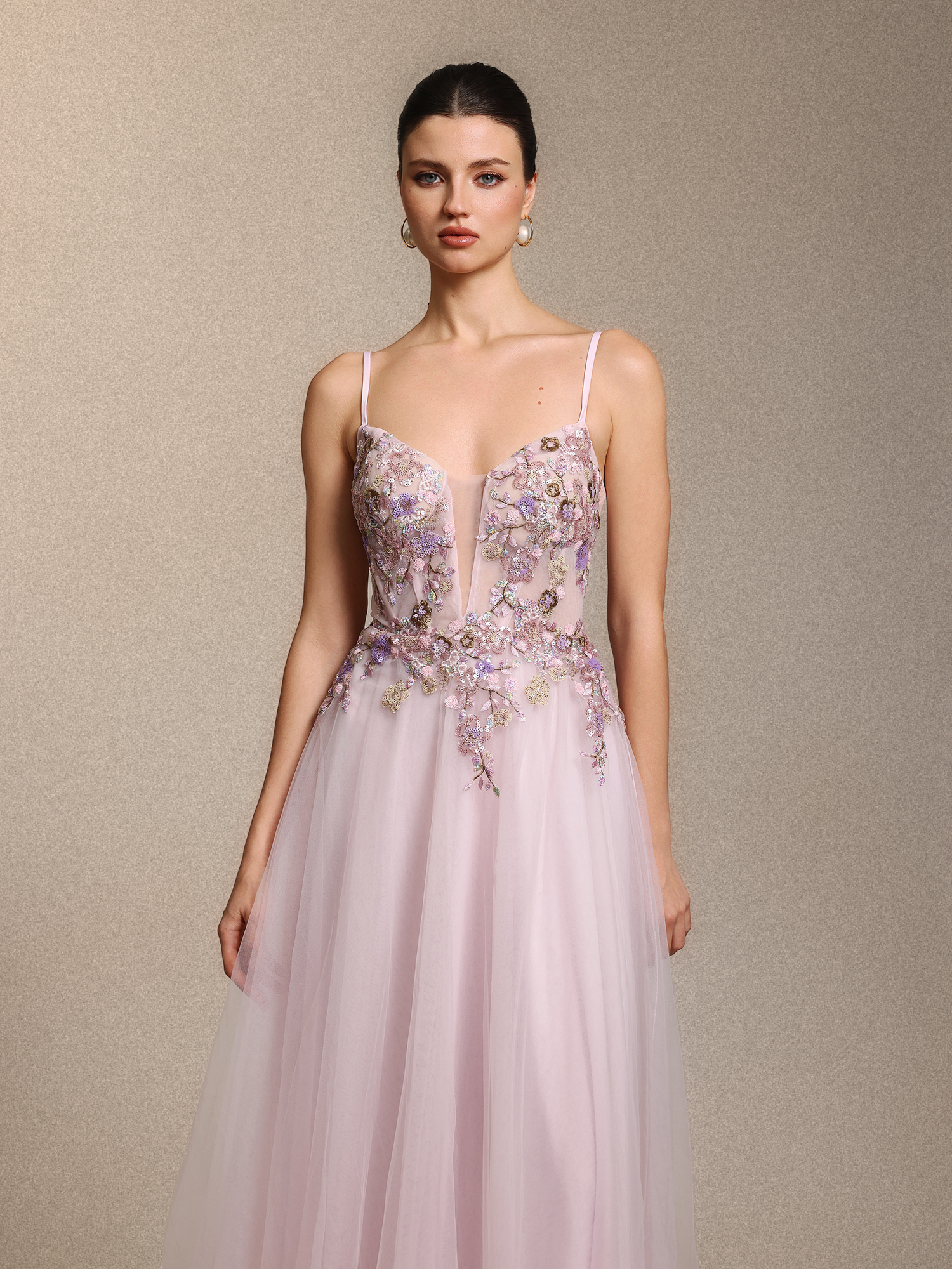 Leanna Elegant Cinched Waist Floral Applique Pink Tulle Maxi Dress