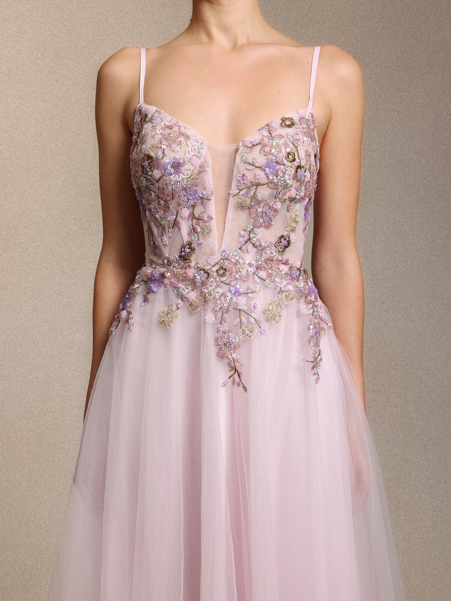 Leanna Elegant Cinched Waist Floral Applique Pink Tulle Maxi Dress