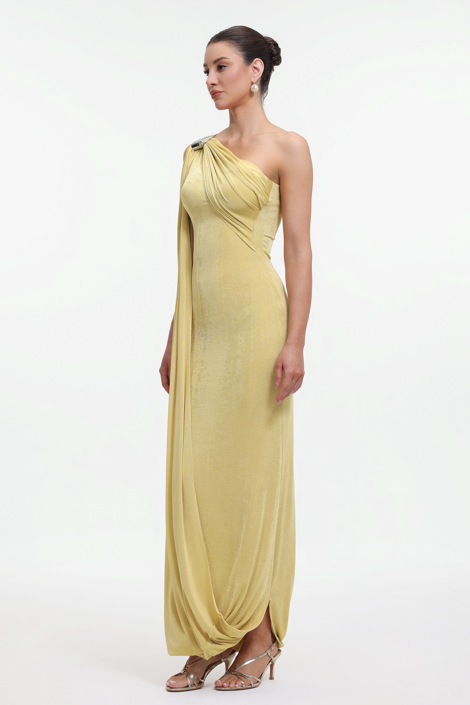 Dazie Elegant Contour One Shoulder Draped Knit Maxi Dress