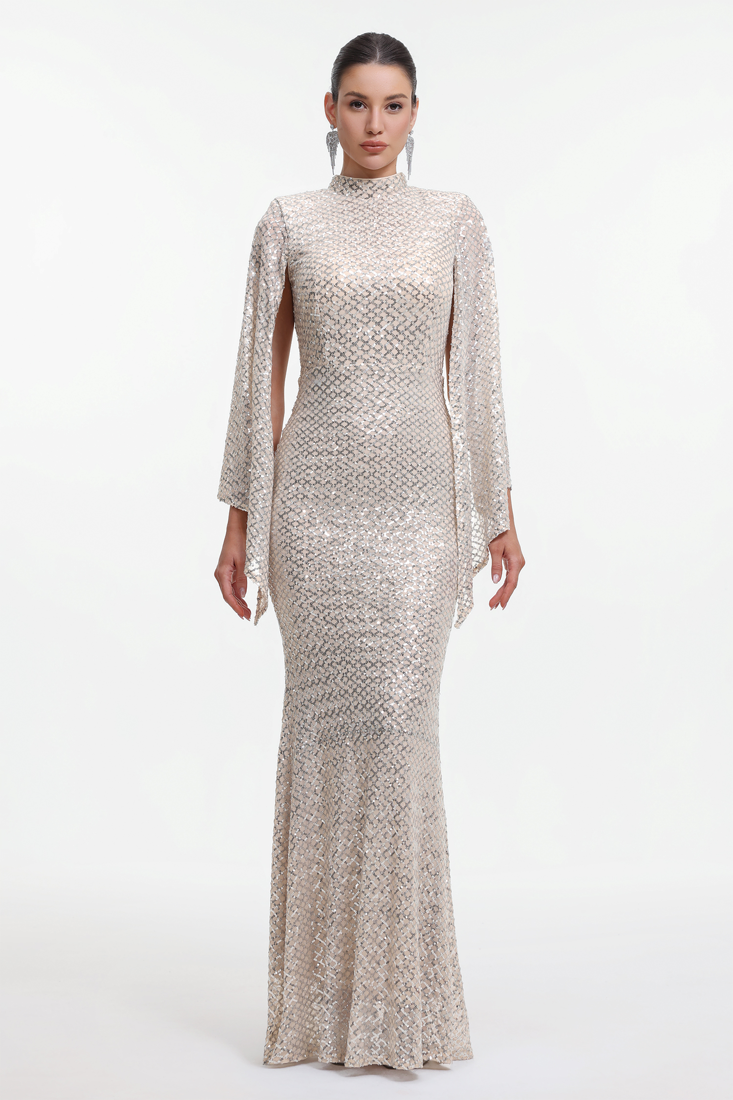 Euen Elegant Contour Cape Sleeve Sequin Maxi Dress