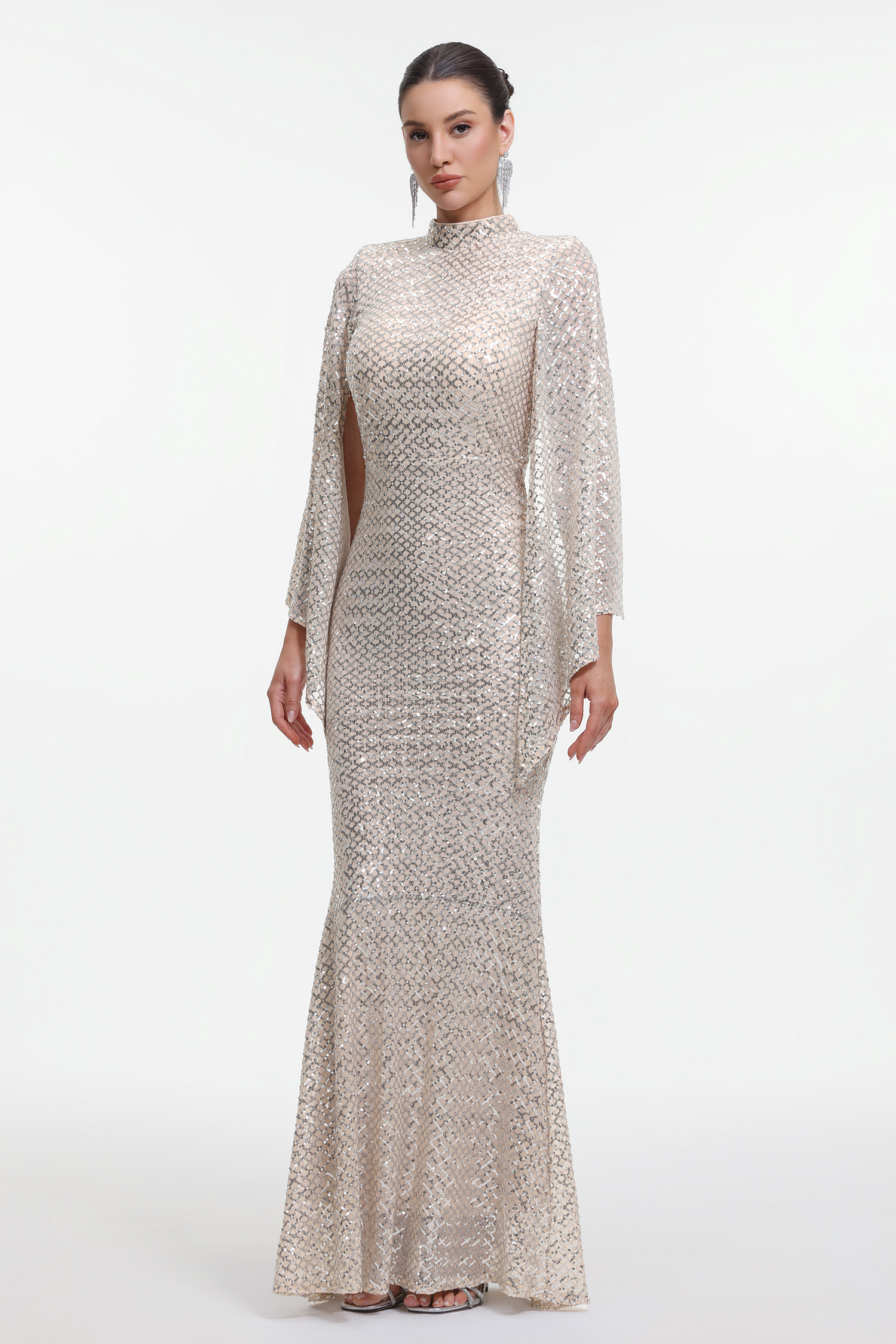 Euen Elegant Contour Cape Sleeve Sequin Maxi Dress