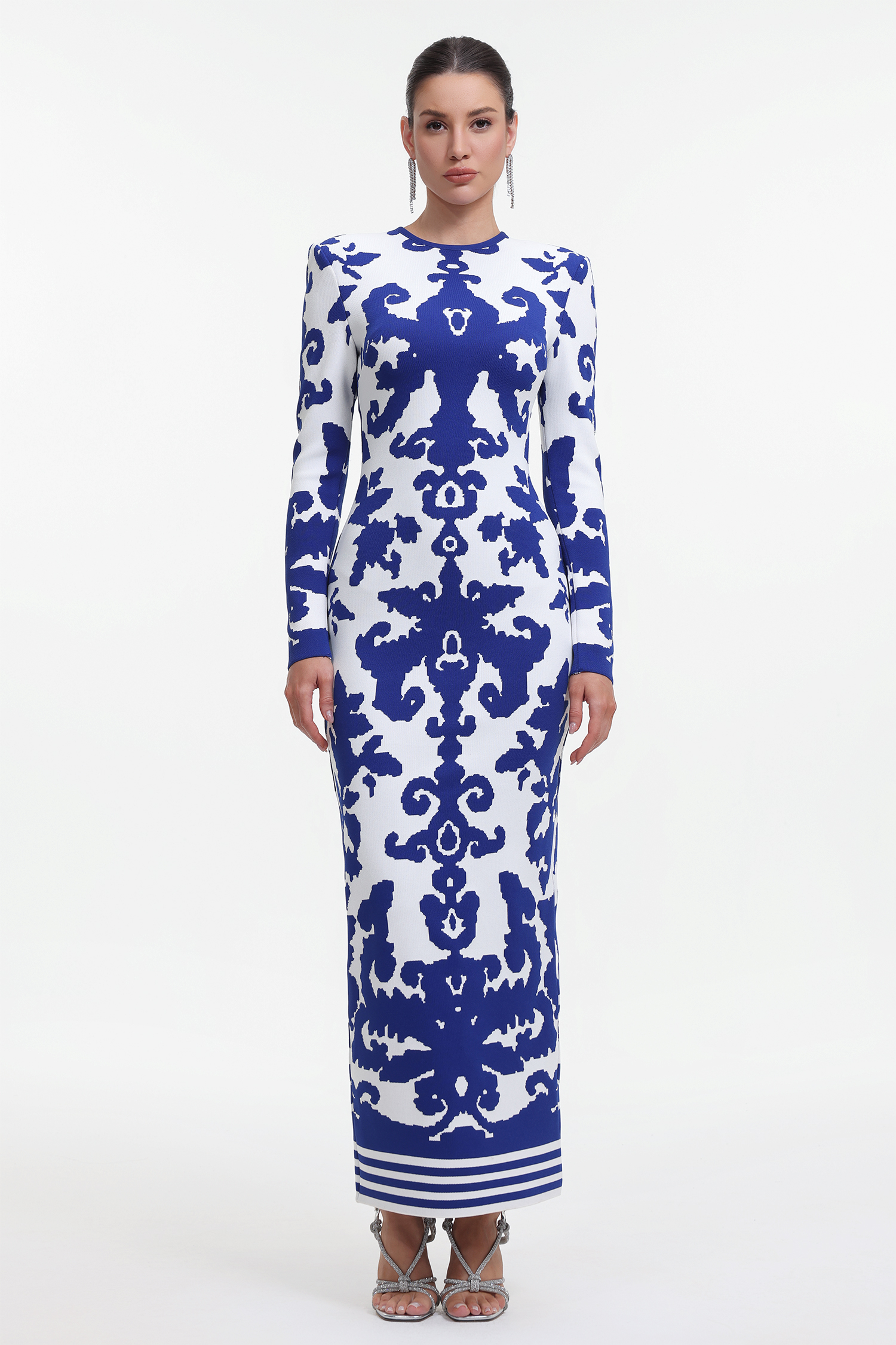 Round Neck Long Sleeve Jacquard Bandage Maxi Dress