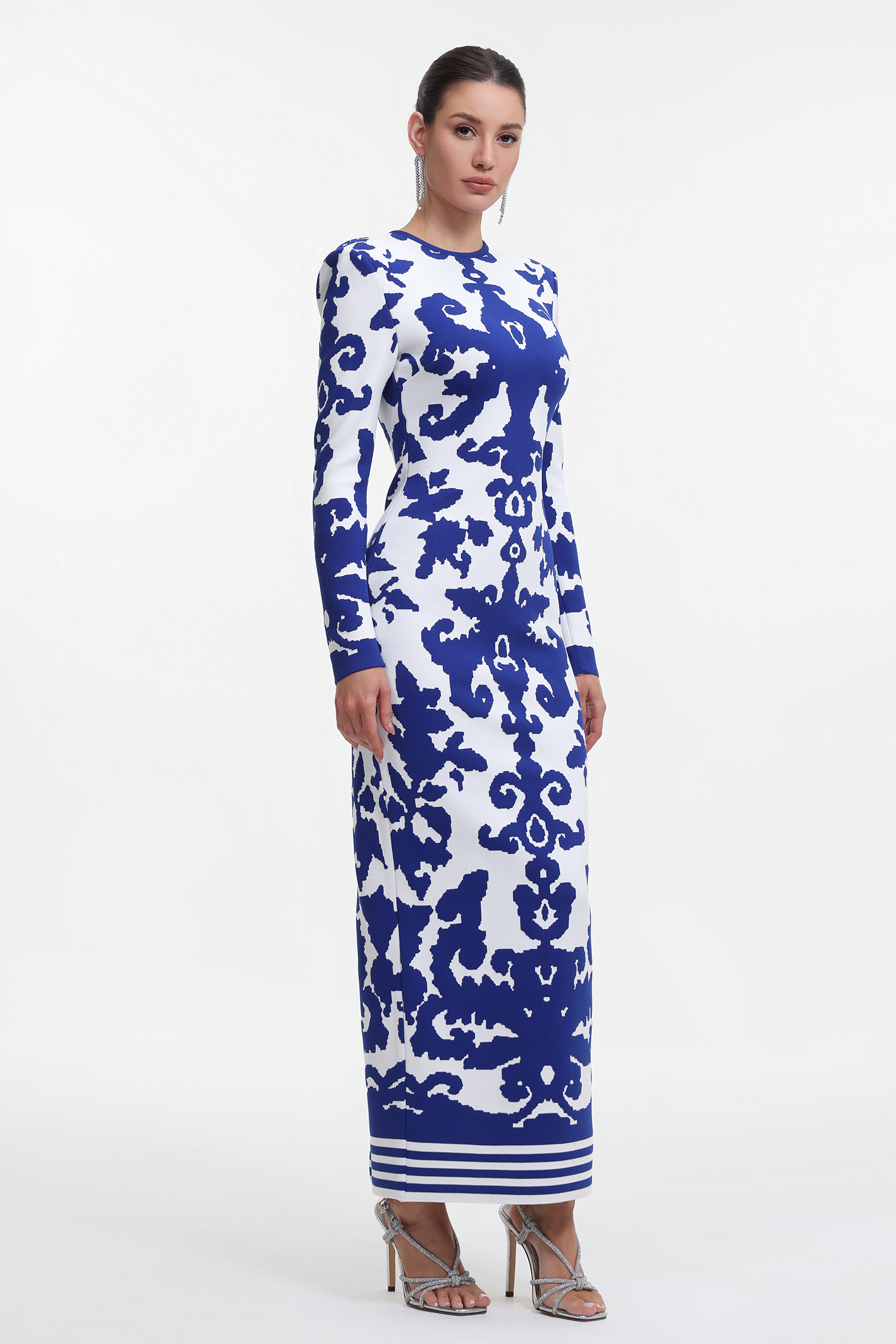 Round Neck Long Sleeve Jacquard Bandage Maxi Dress