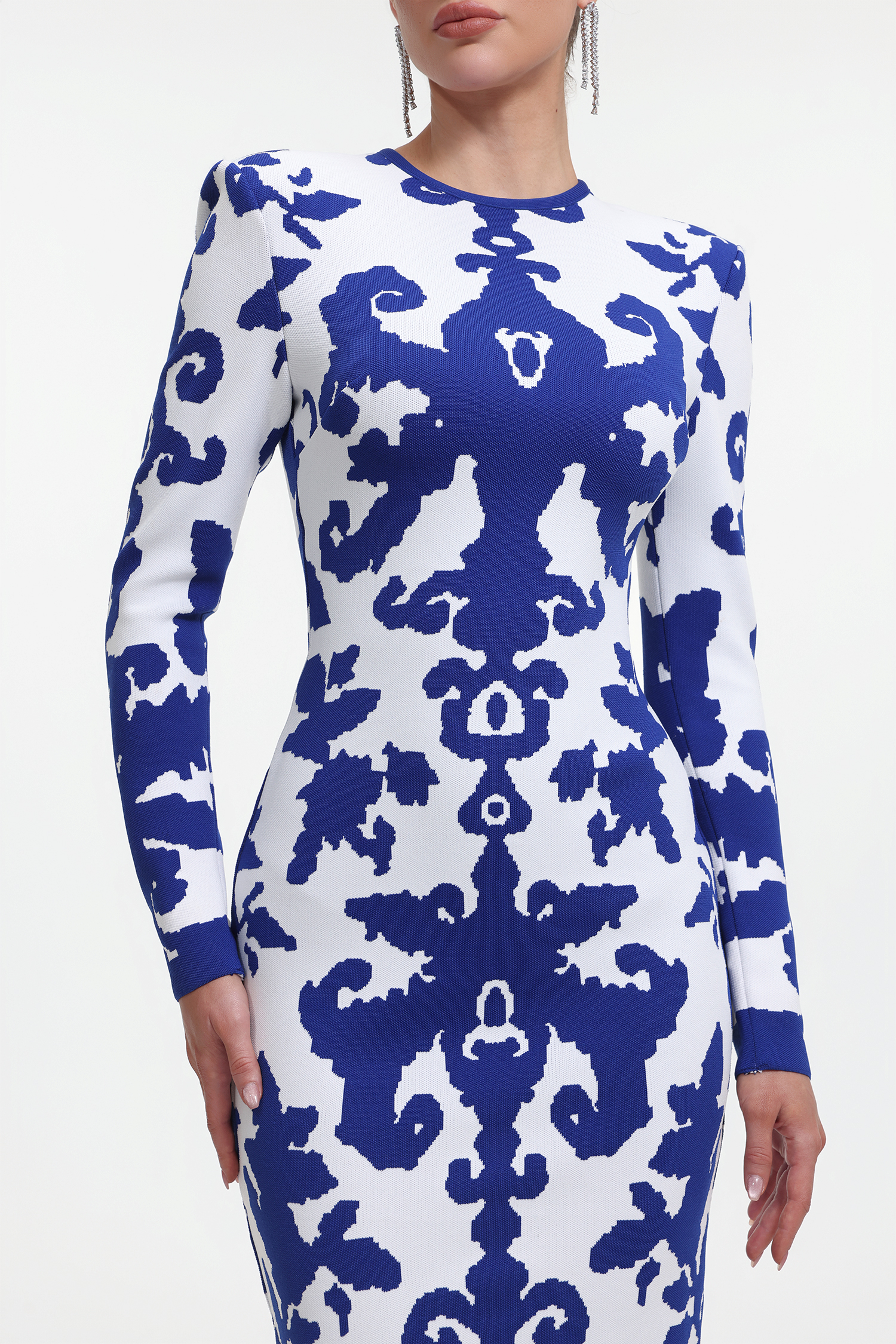 Round Neck Long Sleeve Jacquard Bandage Maxi Dress