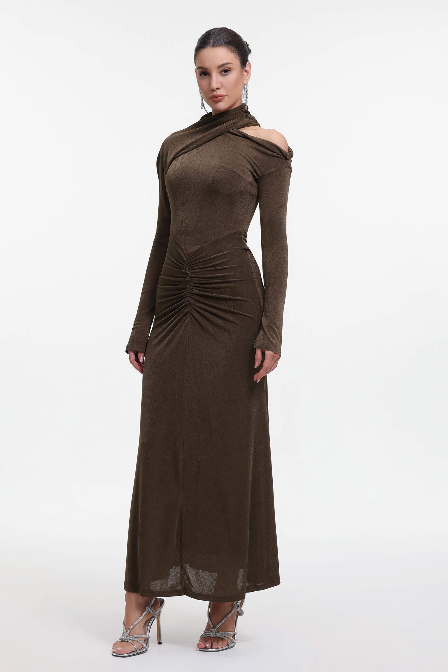 Vilina Elegant Contour Long Sleeve Asymmetrical Ruched Knit Brown Maxi Dress