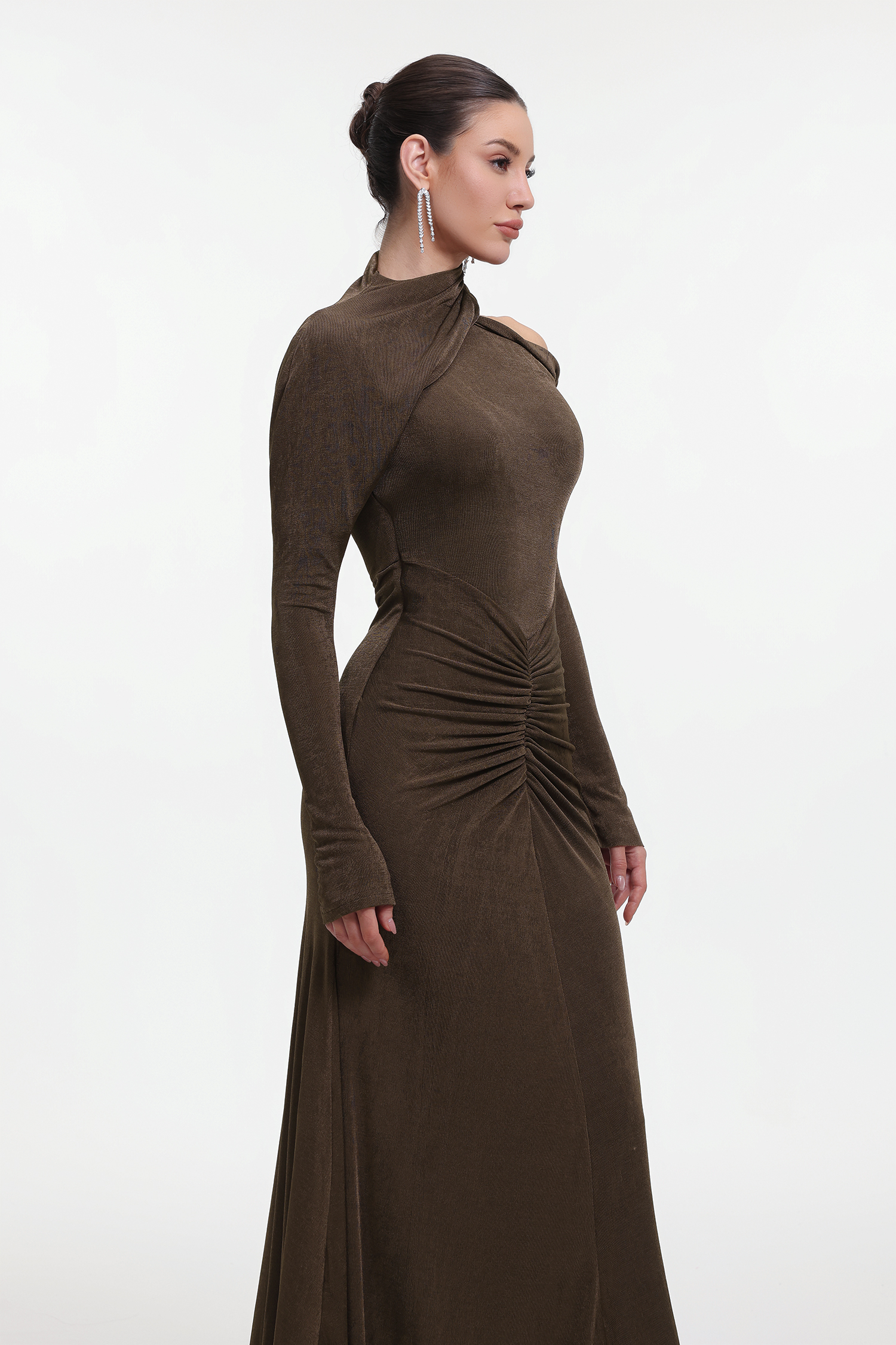Vilina Elegant Contour Long Sleeve Asymmetrical Ruched Knit Brown Maxi Dress