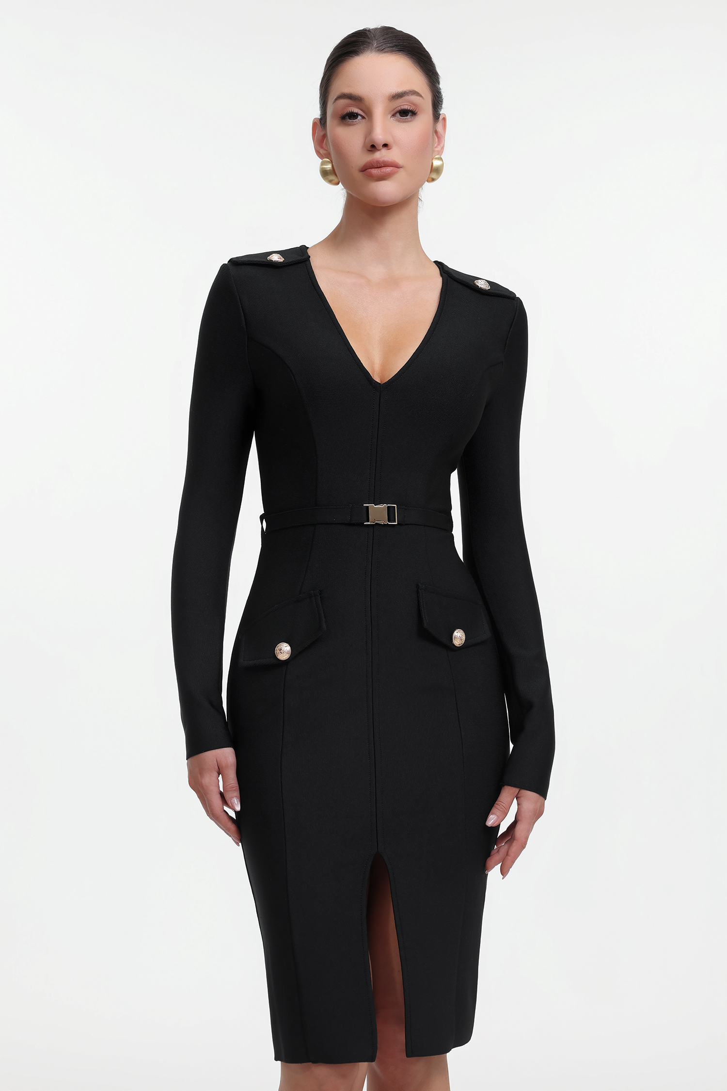 Rora Chic Contour Long Sleeve Bandage Midi Dress