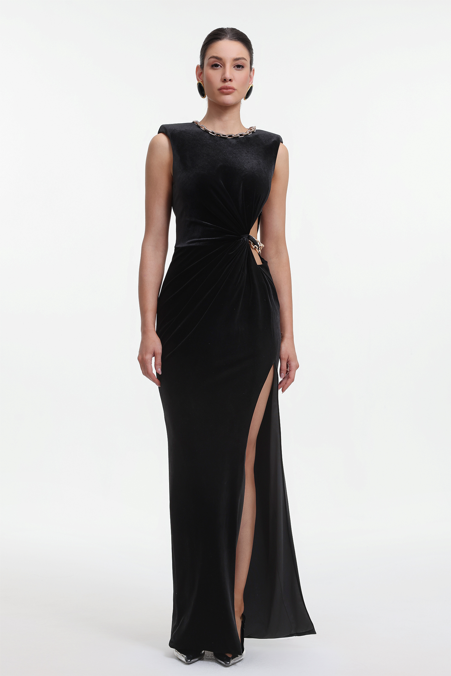 Trinvilla Chic Contour Sleeveless Cut Out Metal Chain Velvet Maxi Dress