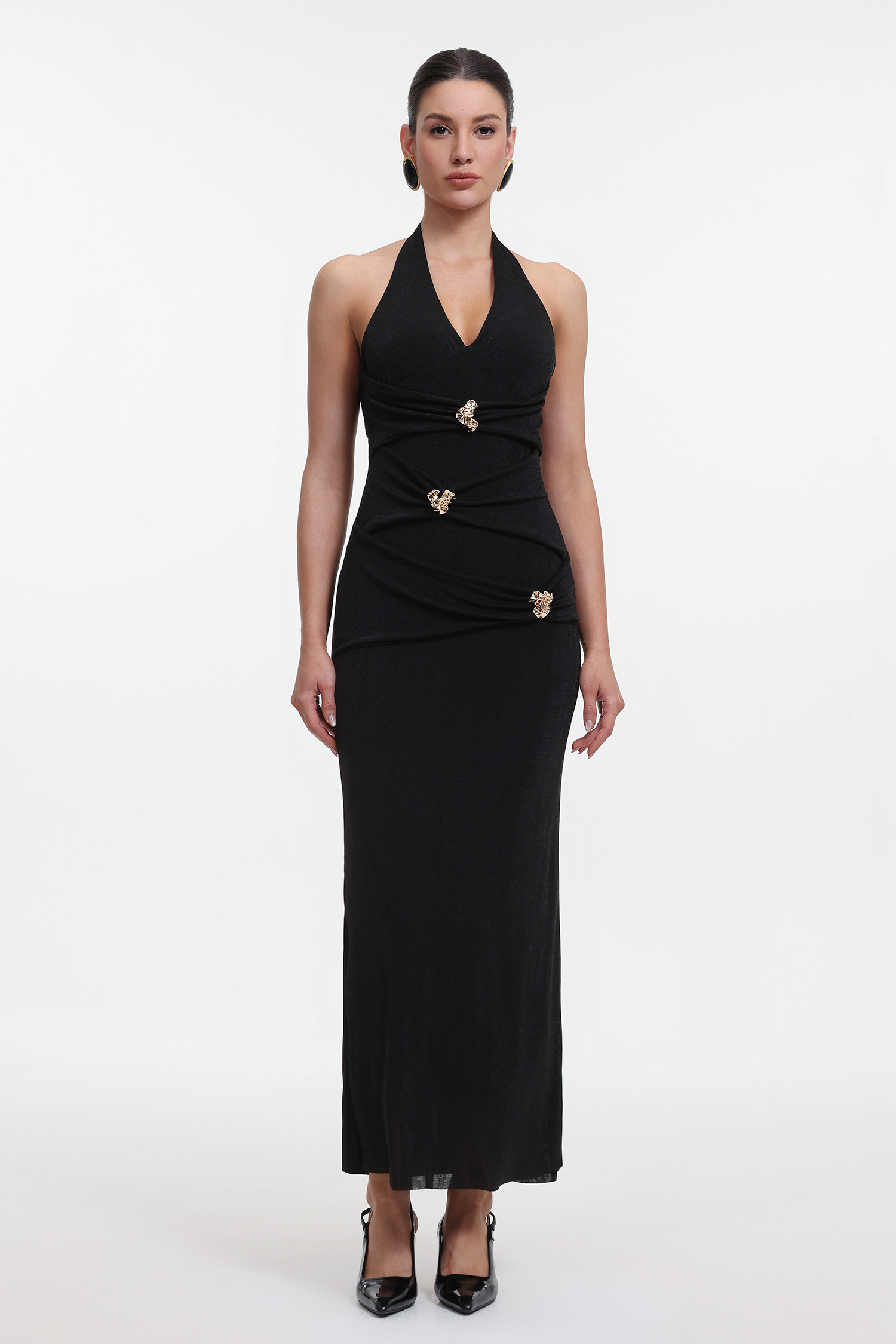 Lydda Elegant Contour Halter Ruched Knit Maxi Dress