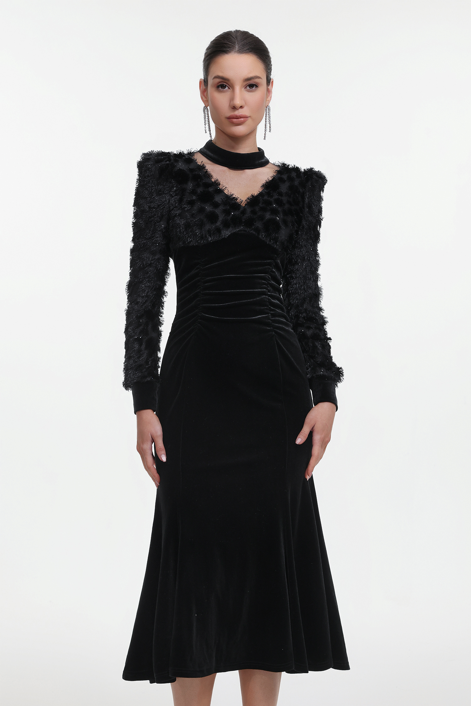 Jayden Chic Contour Long Sleeve V Neck Velvet Maxi Dress