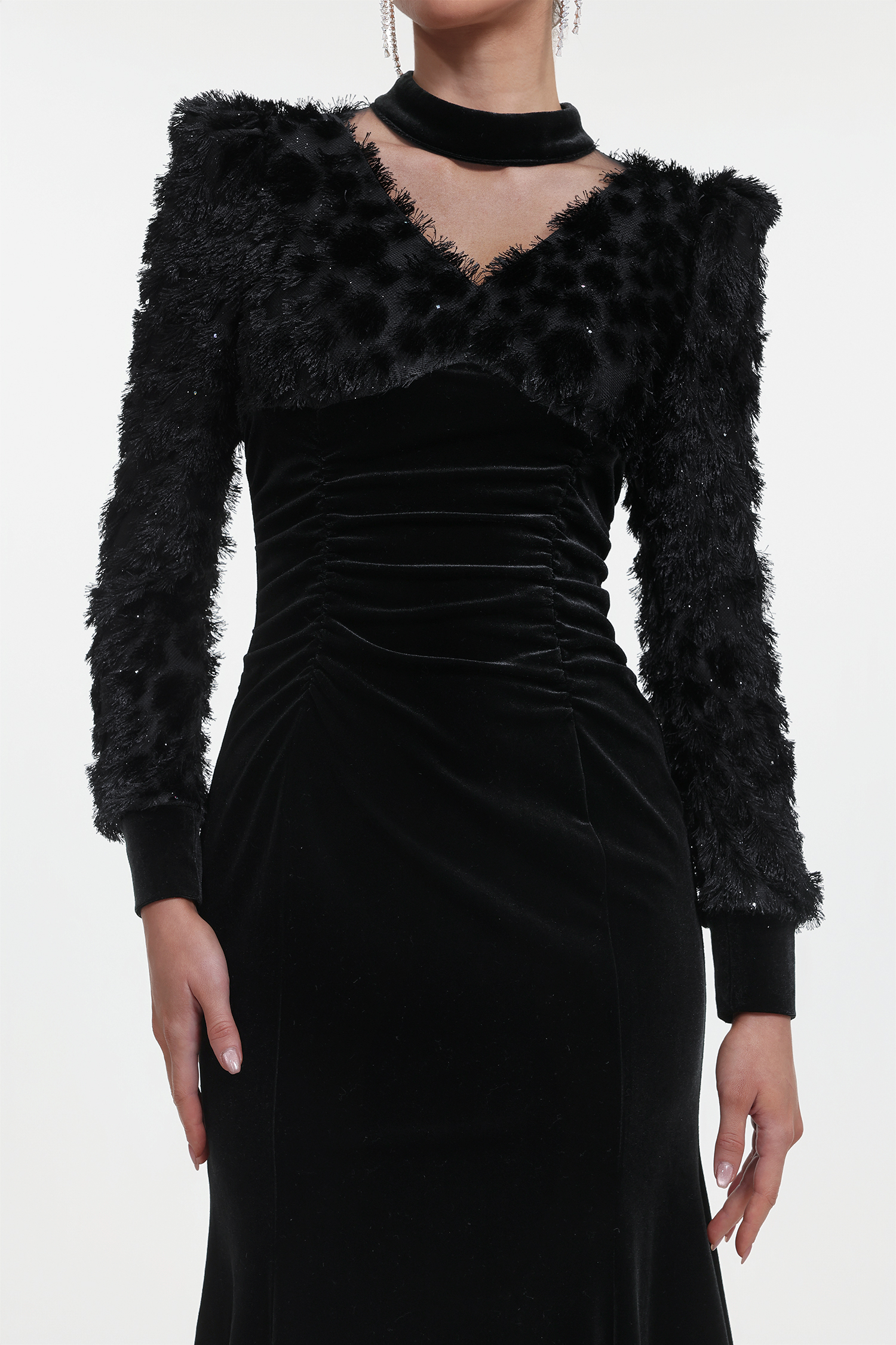 Jayden Chic Contour Long Sleeve V Neck Velvet Maxi Dress