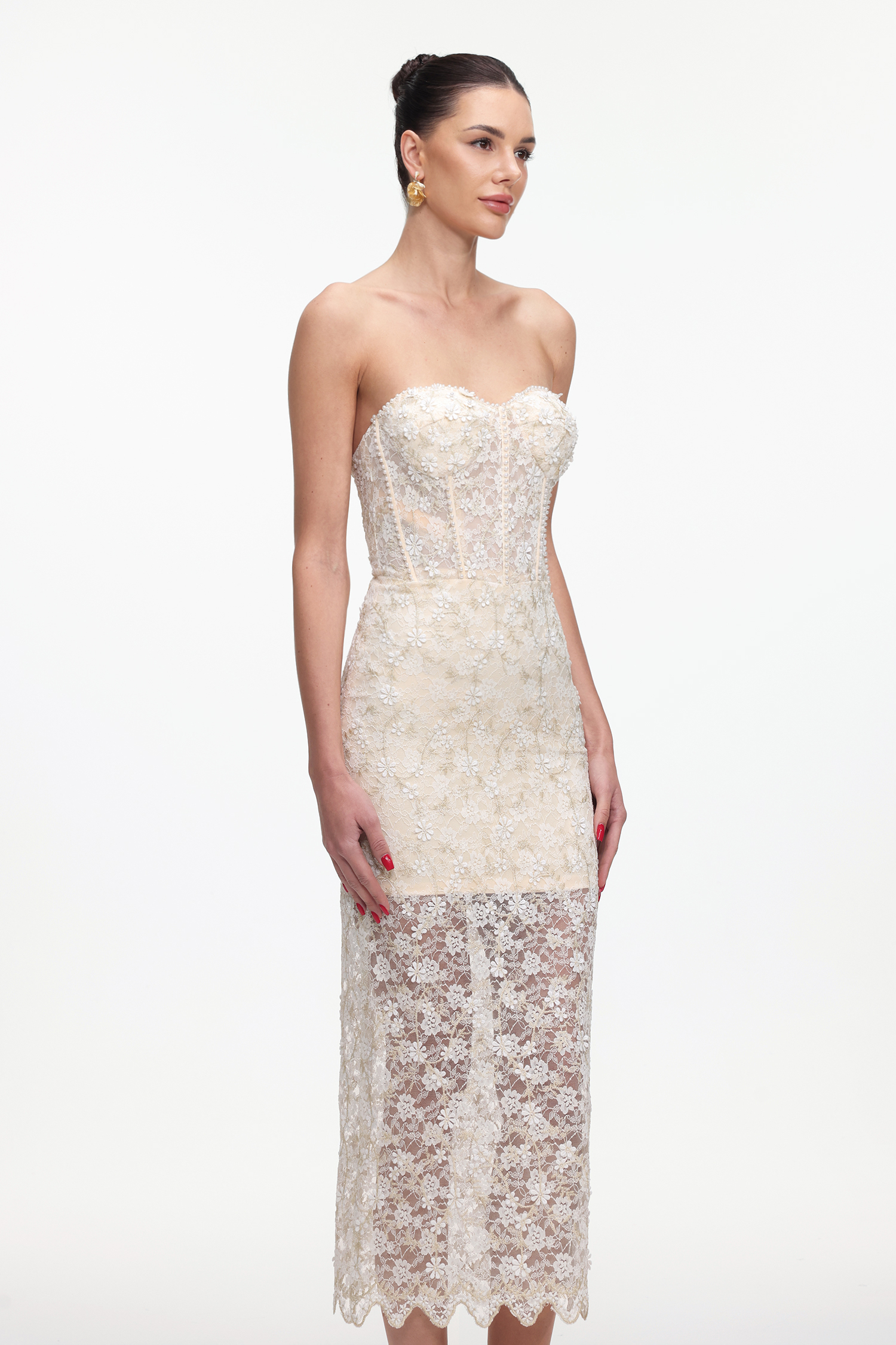 Ralaya Elegant Tailored Strapless Pearl Floral Lace Maxi Dress