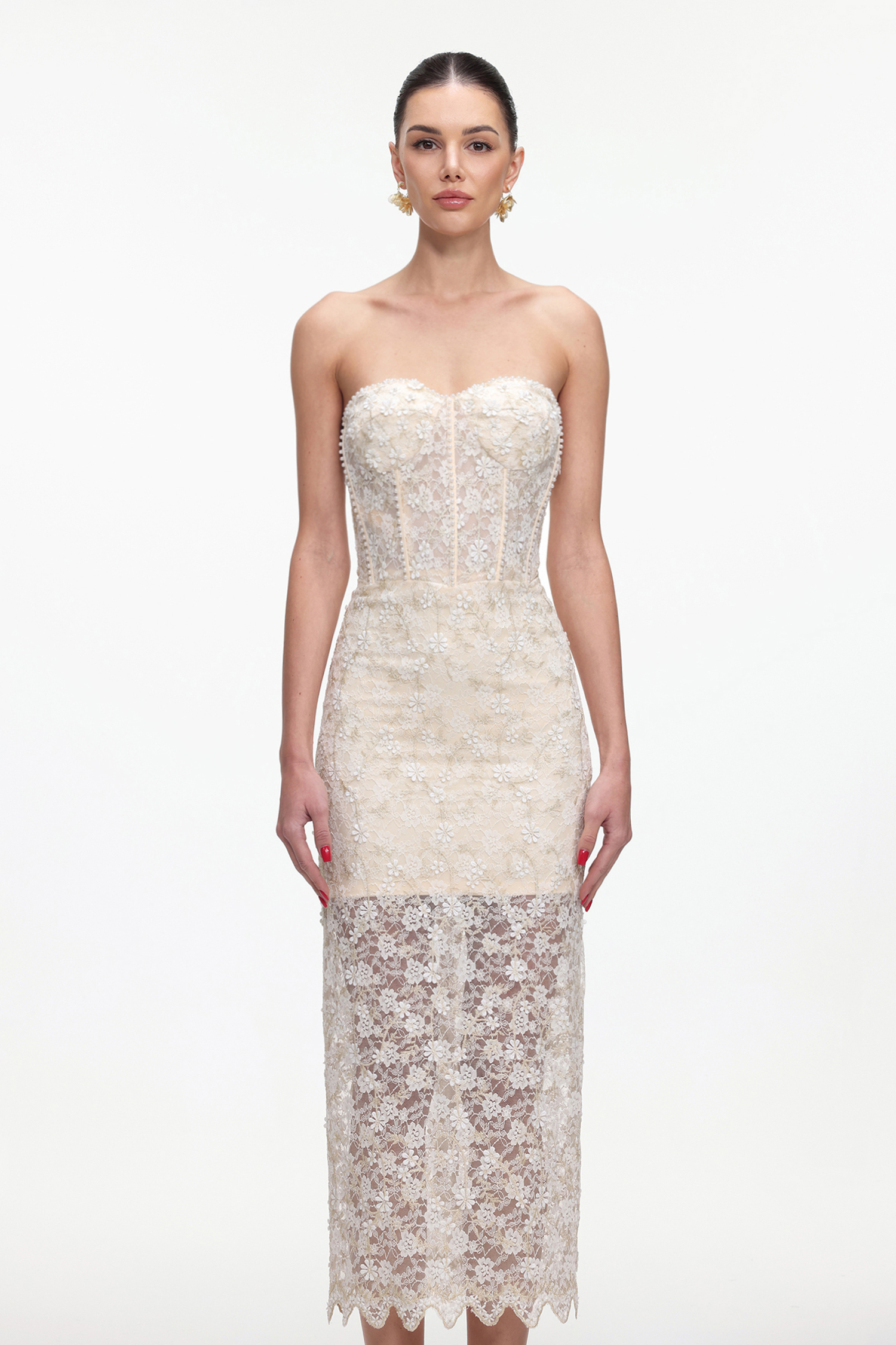 Ralaya Elegant Tailored Strapless Pearl Floral Lace Maxi Dress