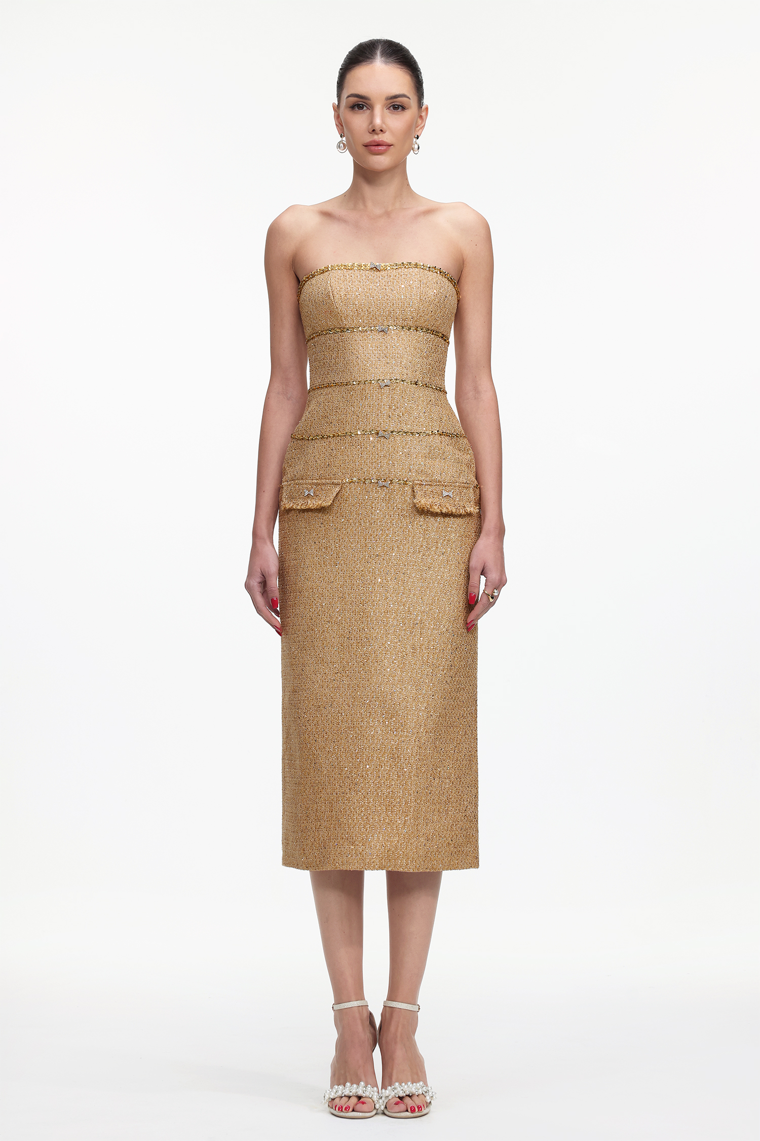 Tenley Elegant Tailored Strapless Tweed Maxi Dress