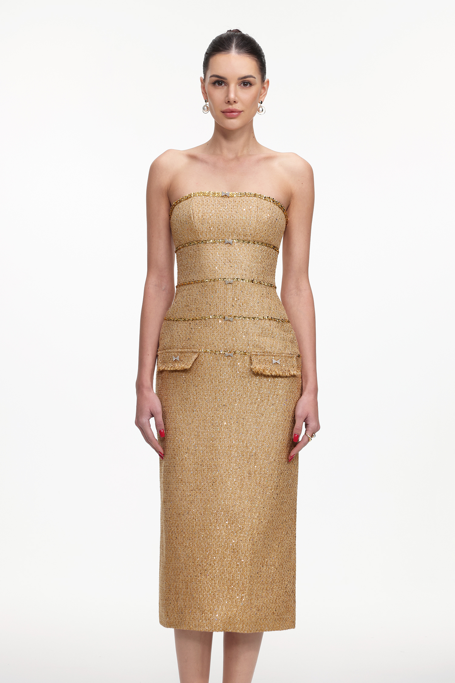 Tenley Elegant Tailored Strapless Tweed Maxi Dress