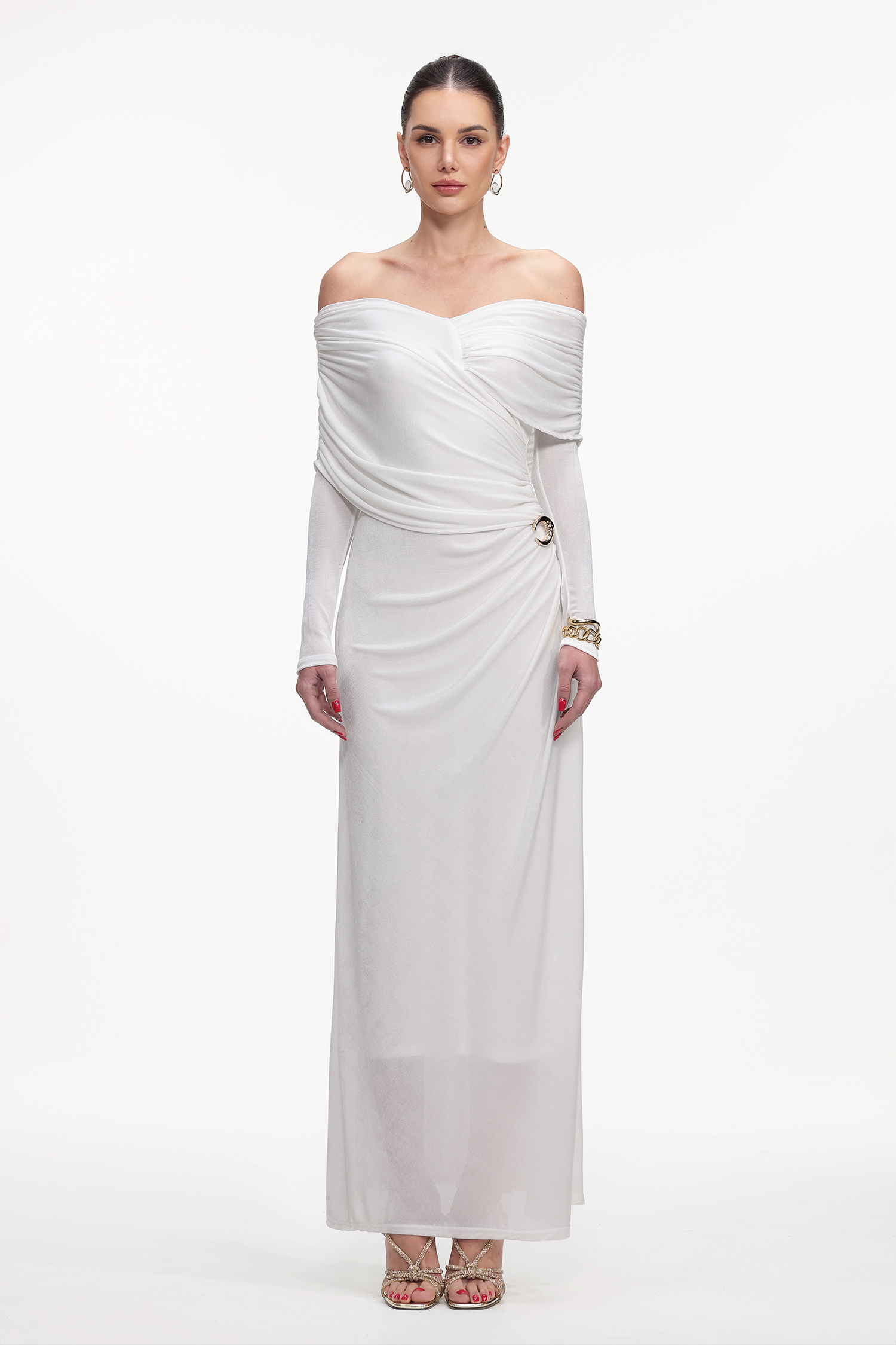 Guga Elegant Contour Long Sleeve Asymmetrical Knit Maxi Dress