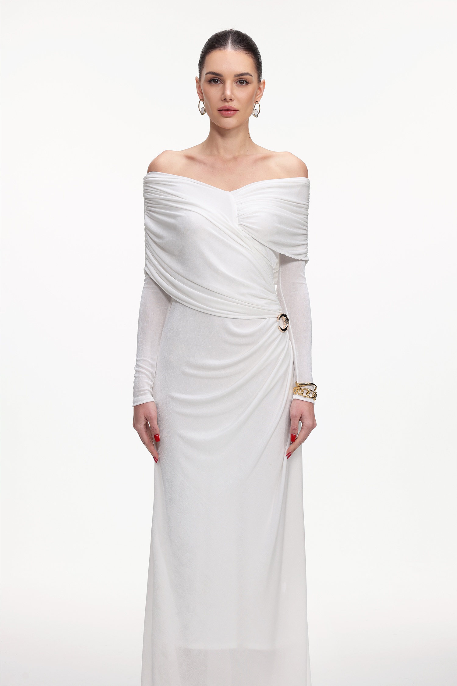 Guga Elegant Contour Long Sleeve Asymmetrical Knit Maxi Dress