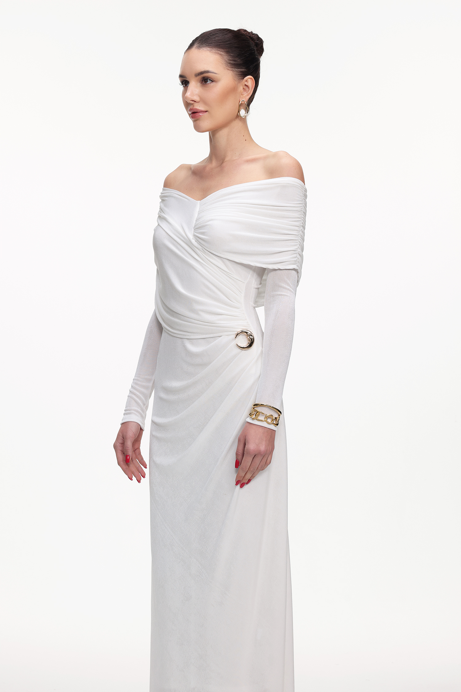 Guga Elegant Contour Long Sleeve Asymmetrical Knit Maxi Dress