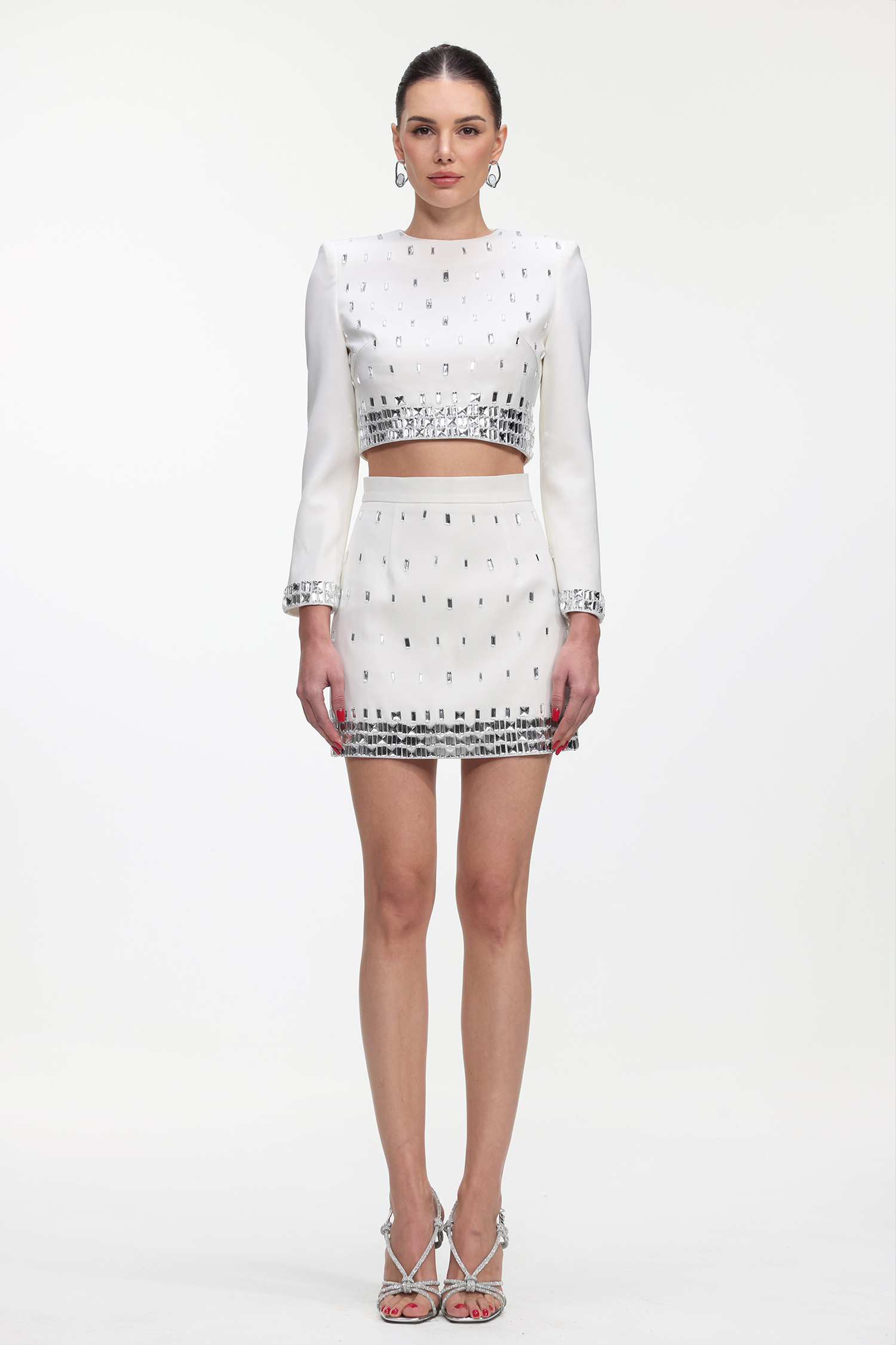 Derlyn Glamorous Tailored Long Sleeve Rhinestone Top and Skirt Set