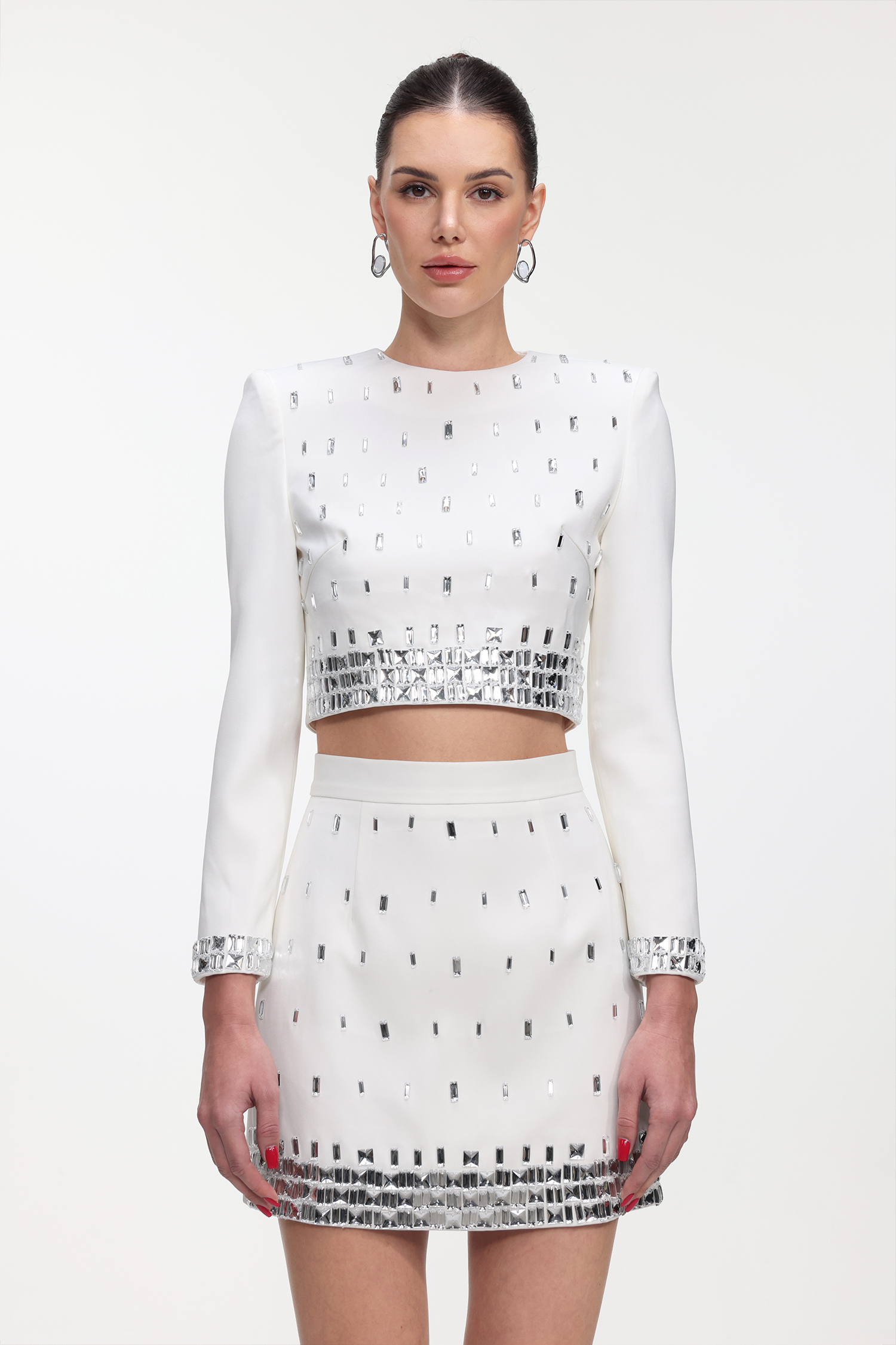 Derlyn Glamorous Tailored Long Sleeve Rhinestone Top and Skirt Set