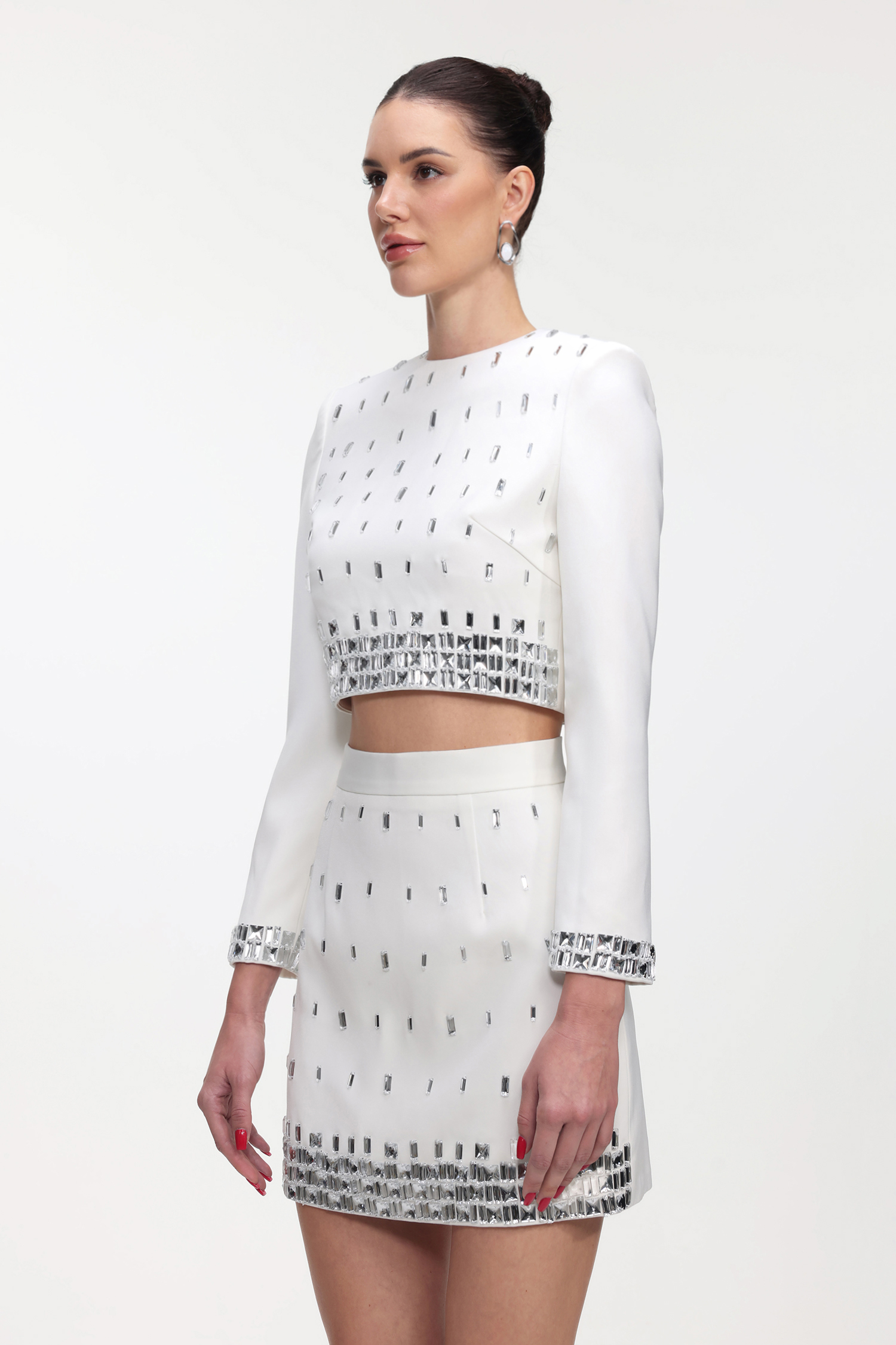 Derlyn Glamorous Tailored Long Sleeve Rhinestone Top and Skirt Set