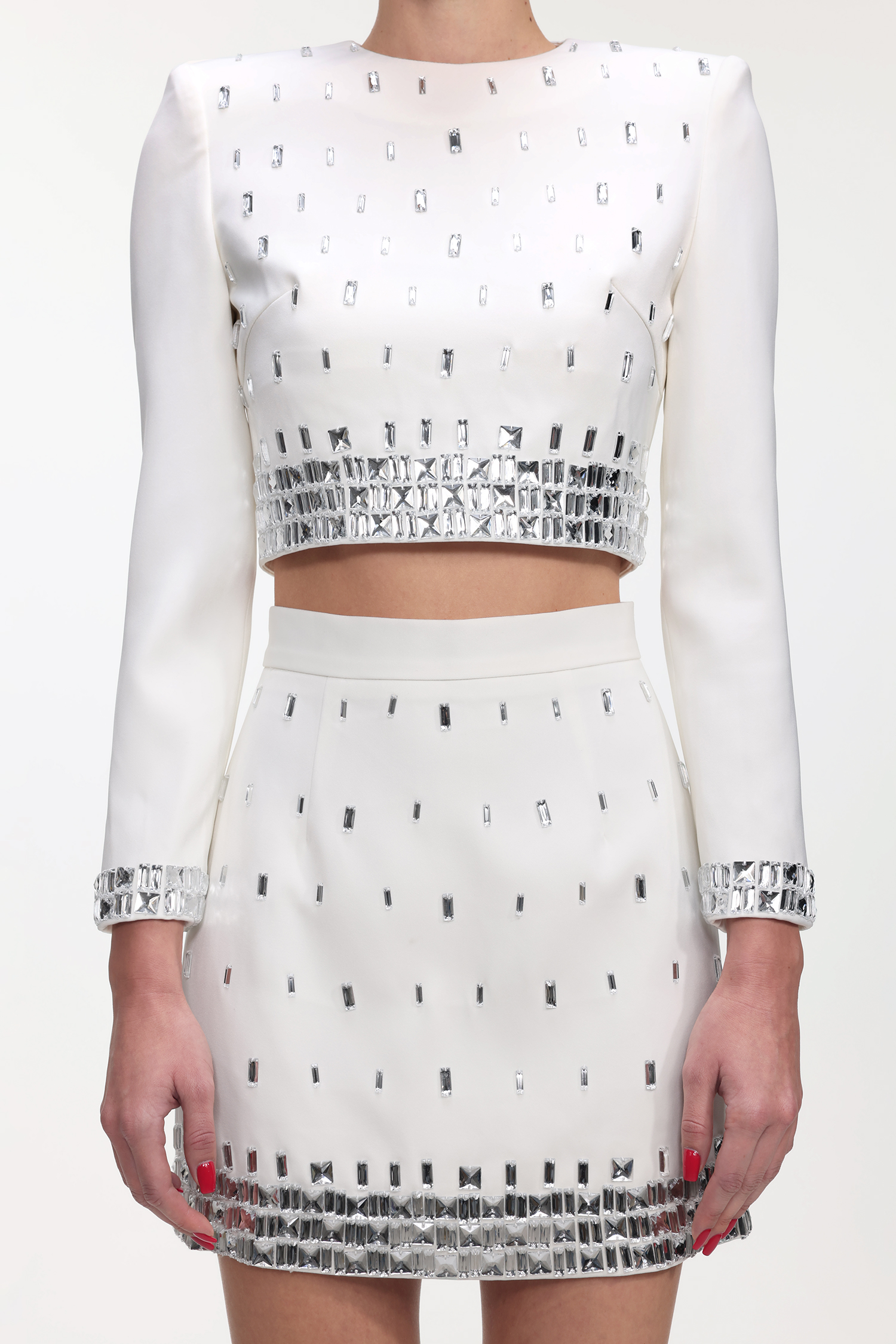 Derlyn Glamorous Tailored Long Sleeve Rhinestone Top and Skirt Set