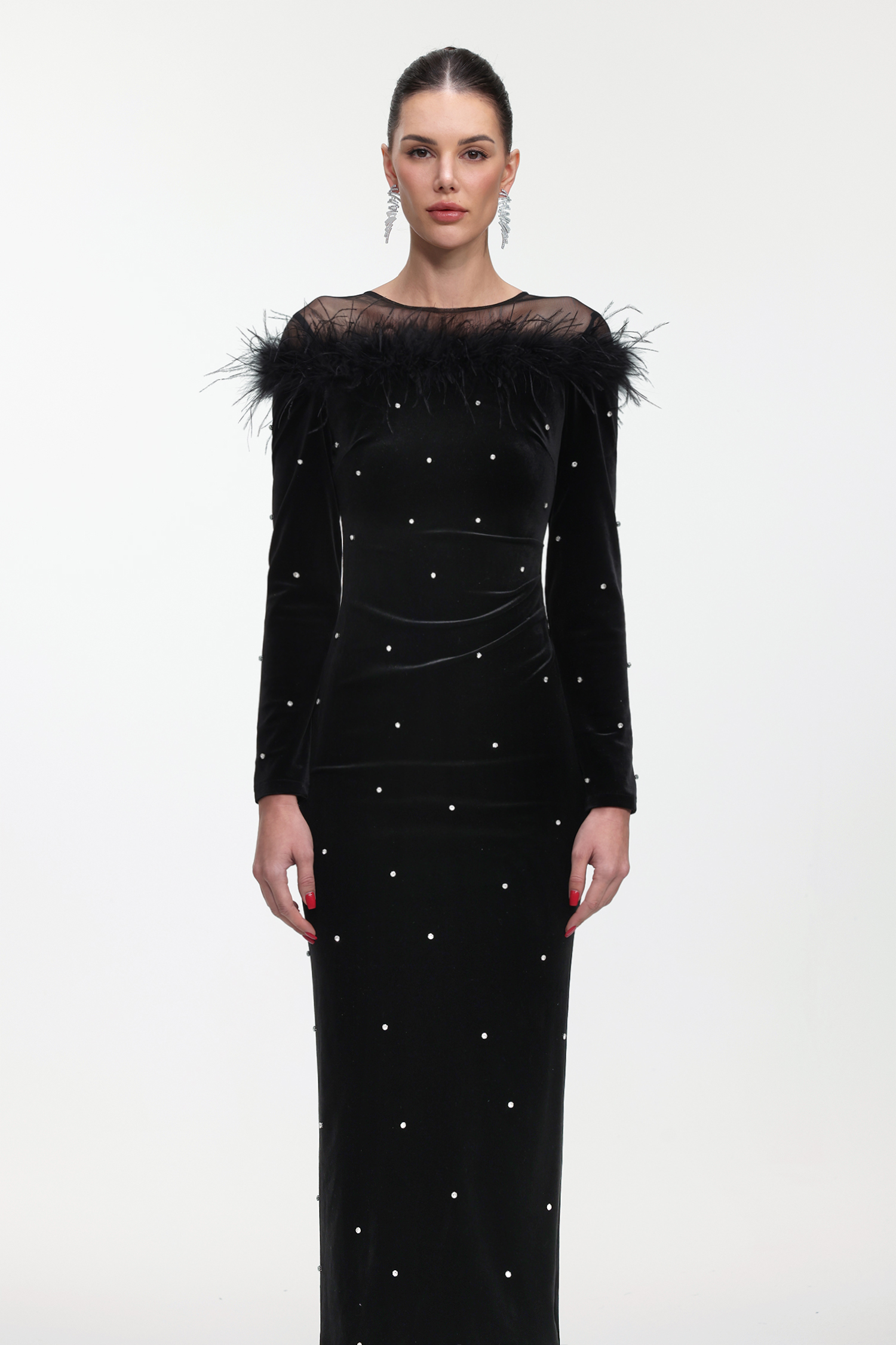 Yamaly Glamorous Contour Long Sleeve Crystal Feather Velvet Maxi Dress