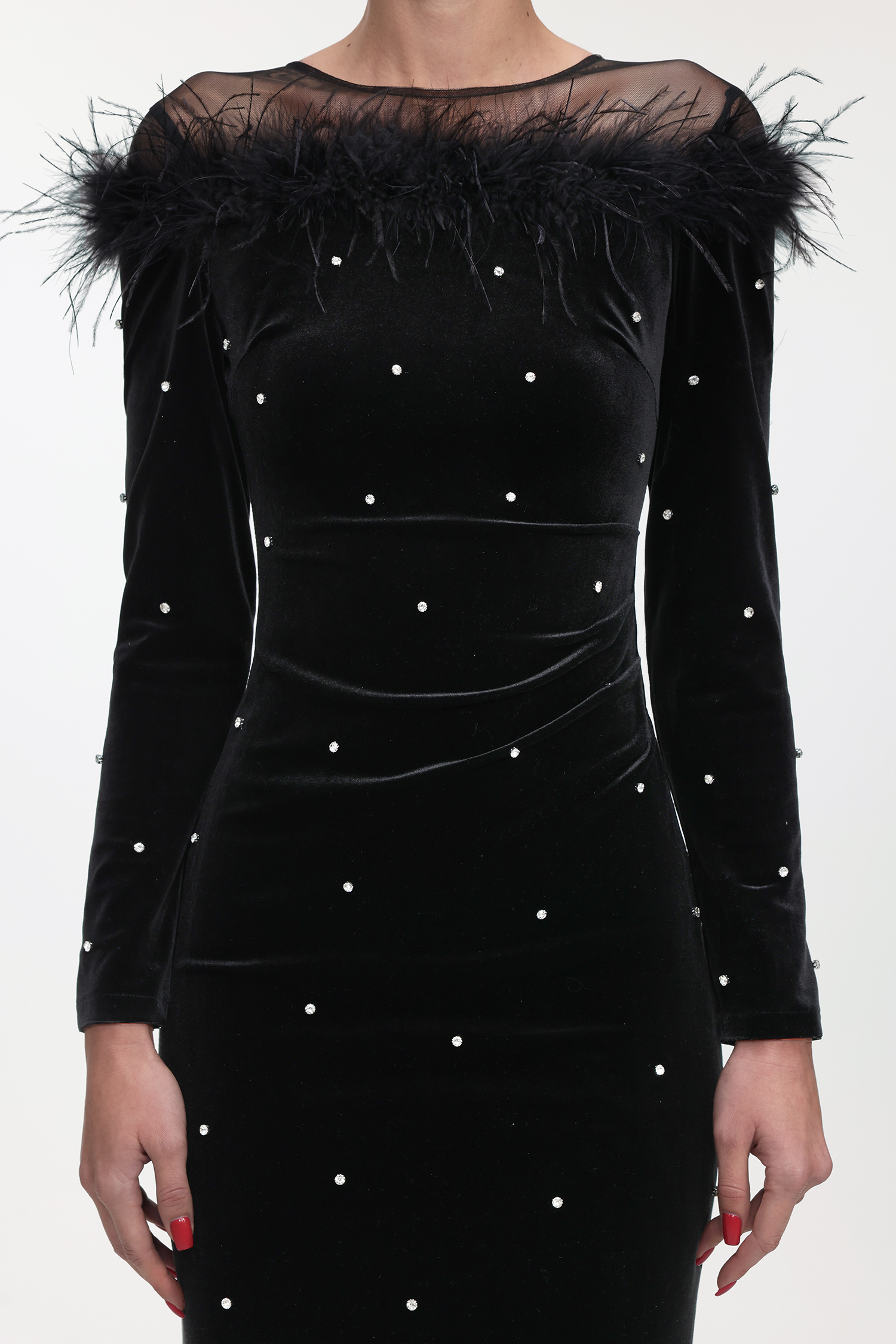 Yamaly Glamorous Contour Long Sleeve Crystal Feather Velvet Maxi Dress