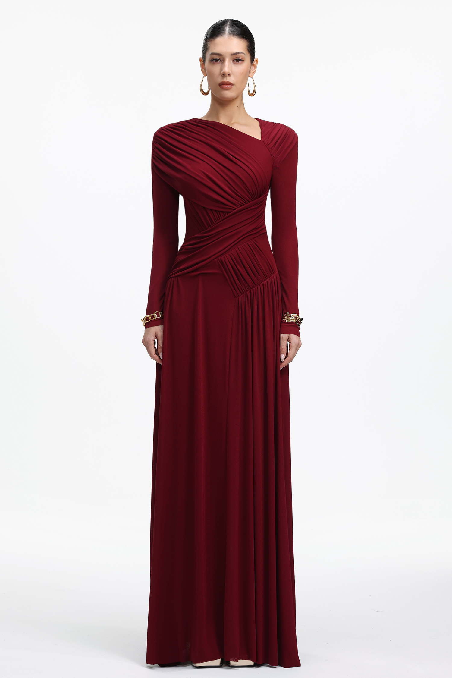 Elsie Elegant Contour Long Sleeve Ruched Knit Maxi Dress