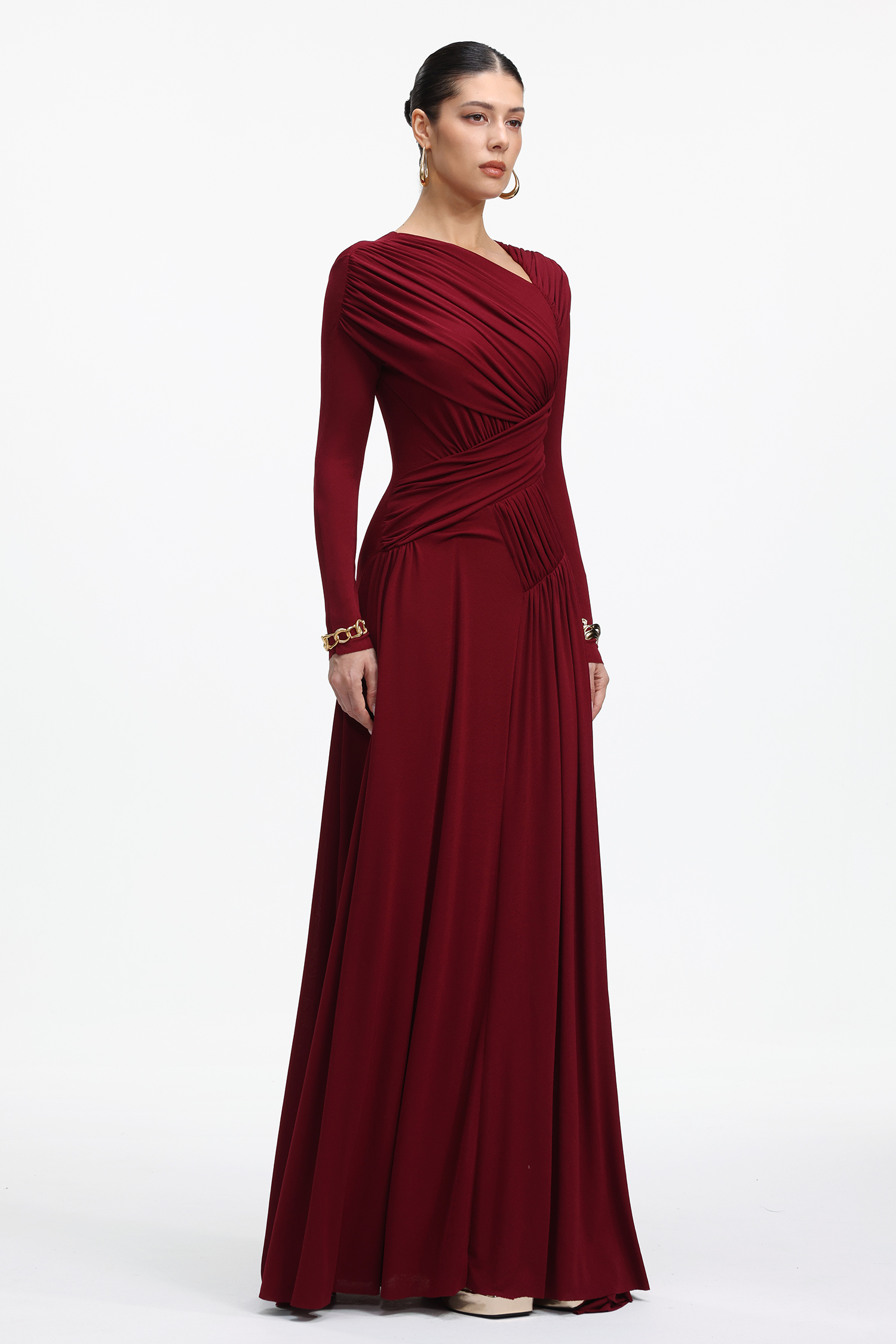 Elsie Elegant Contour Long Sleeve Ruched Knit Maxi Dress