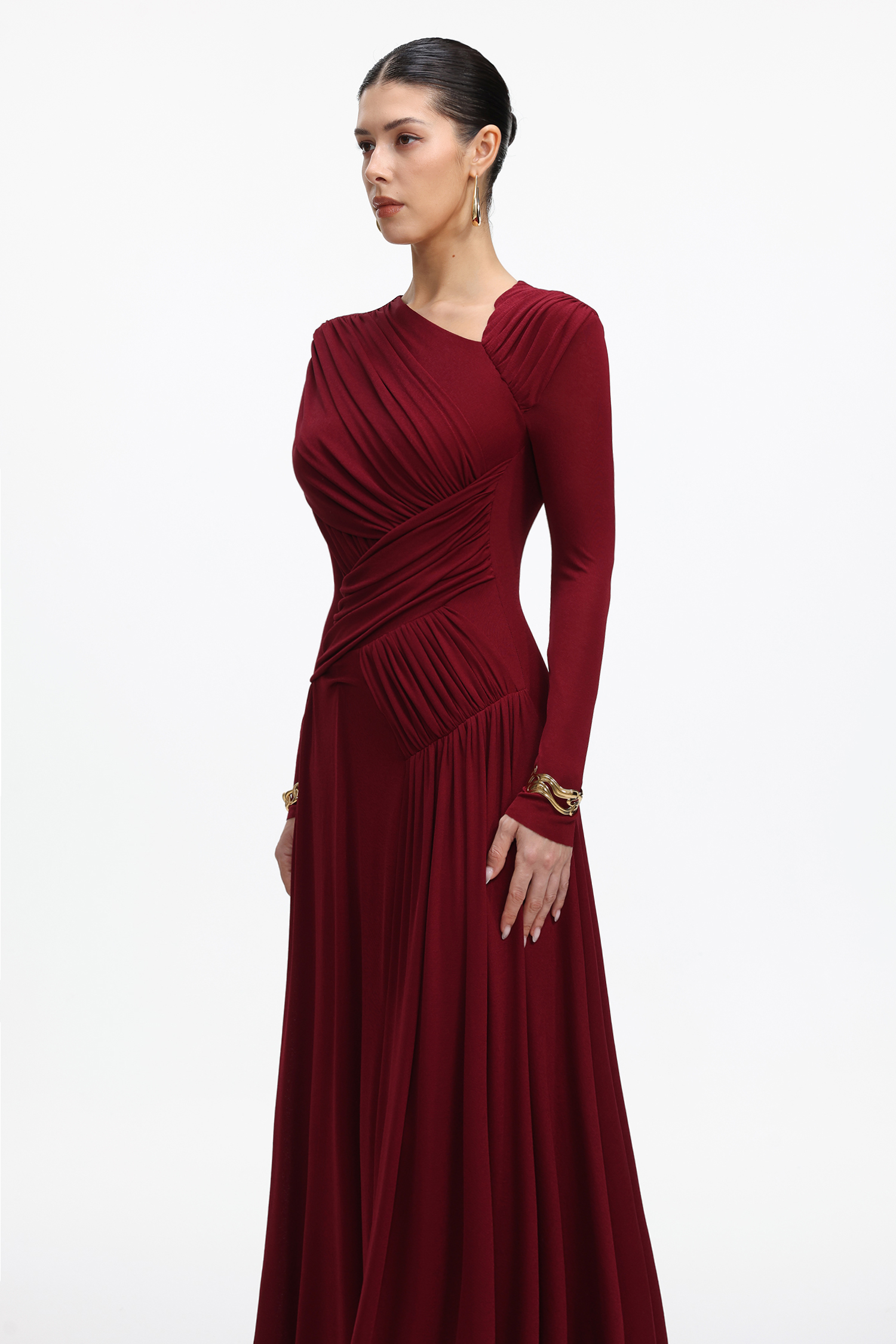 Elsie Elegant Contour Long Sleeve Ruched Knit Maxi Dress