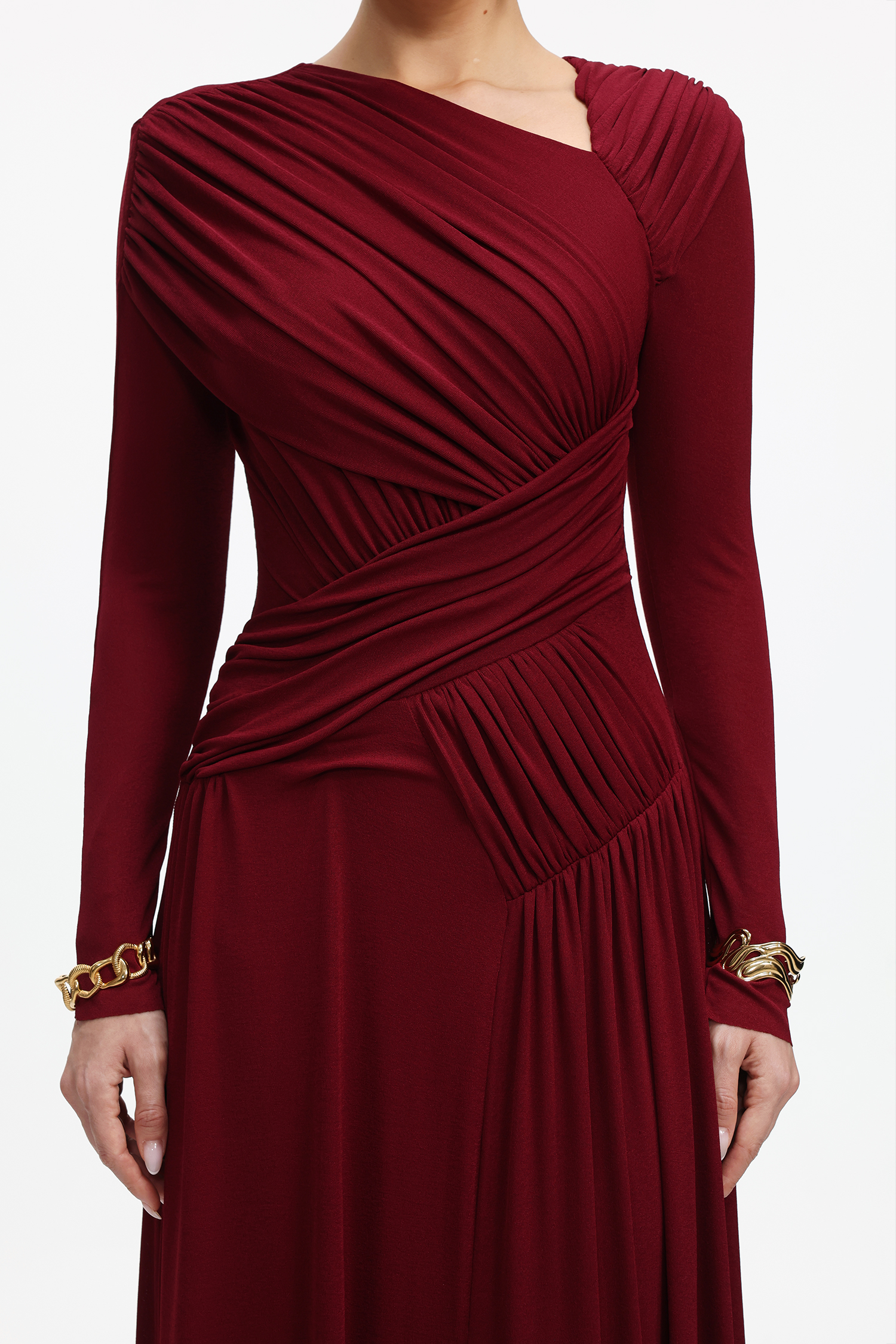 Elsie Elegant Contour Long Sleeve Ruched Knit Maxi Dress