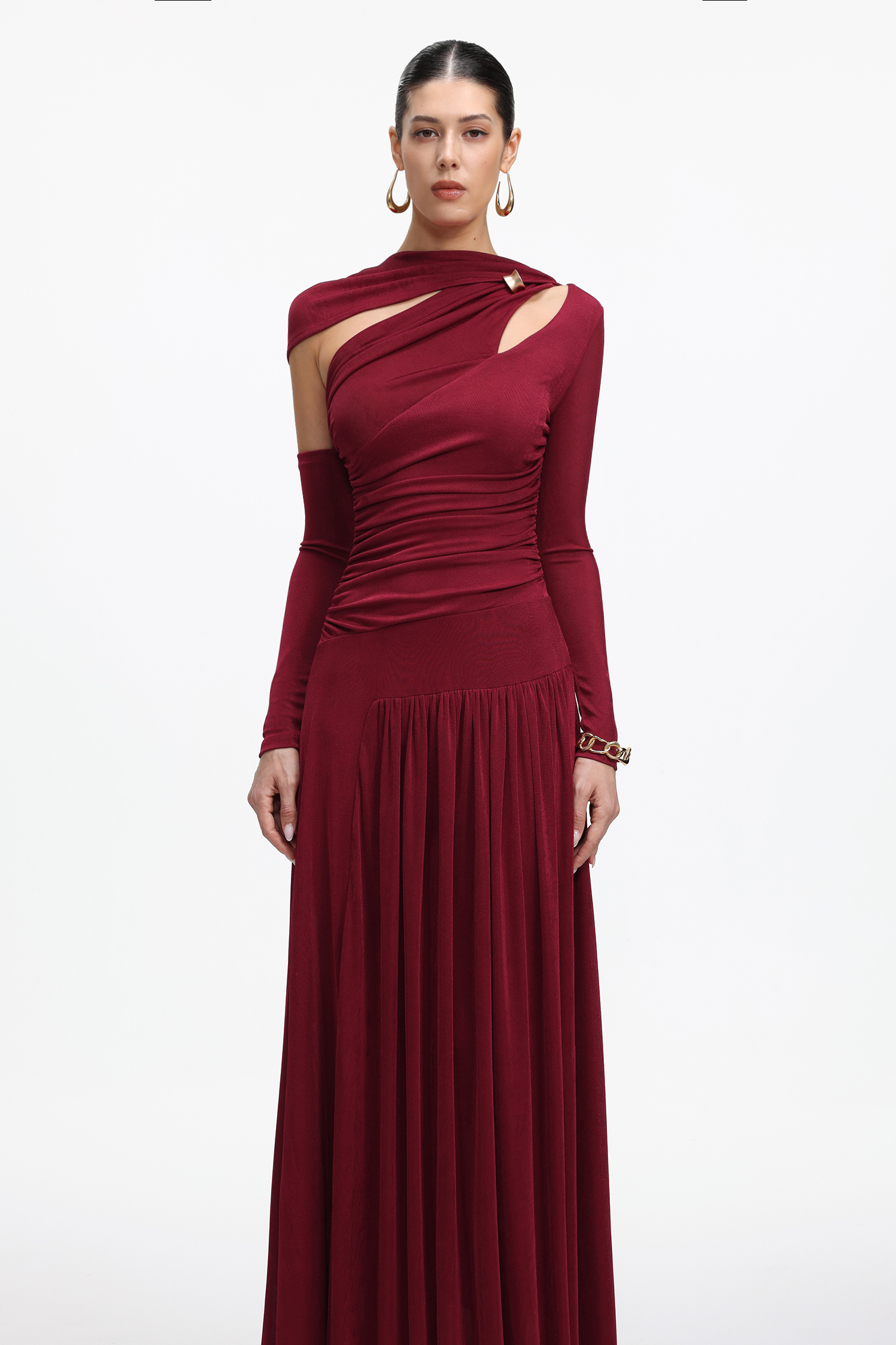 Yetta Elegant Contour Long Sleeve Cut Out Ruched Knit Maxi Dress