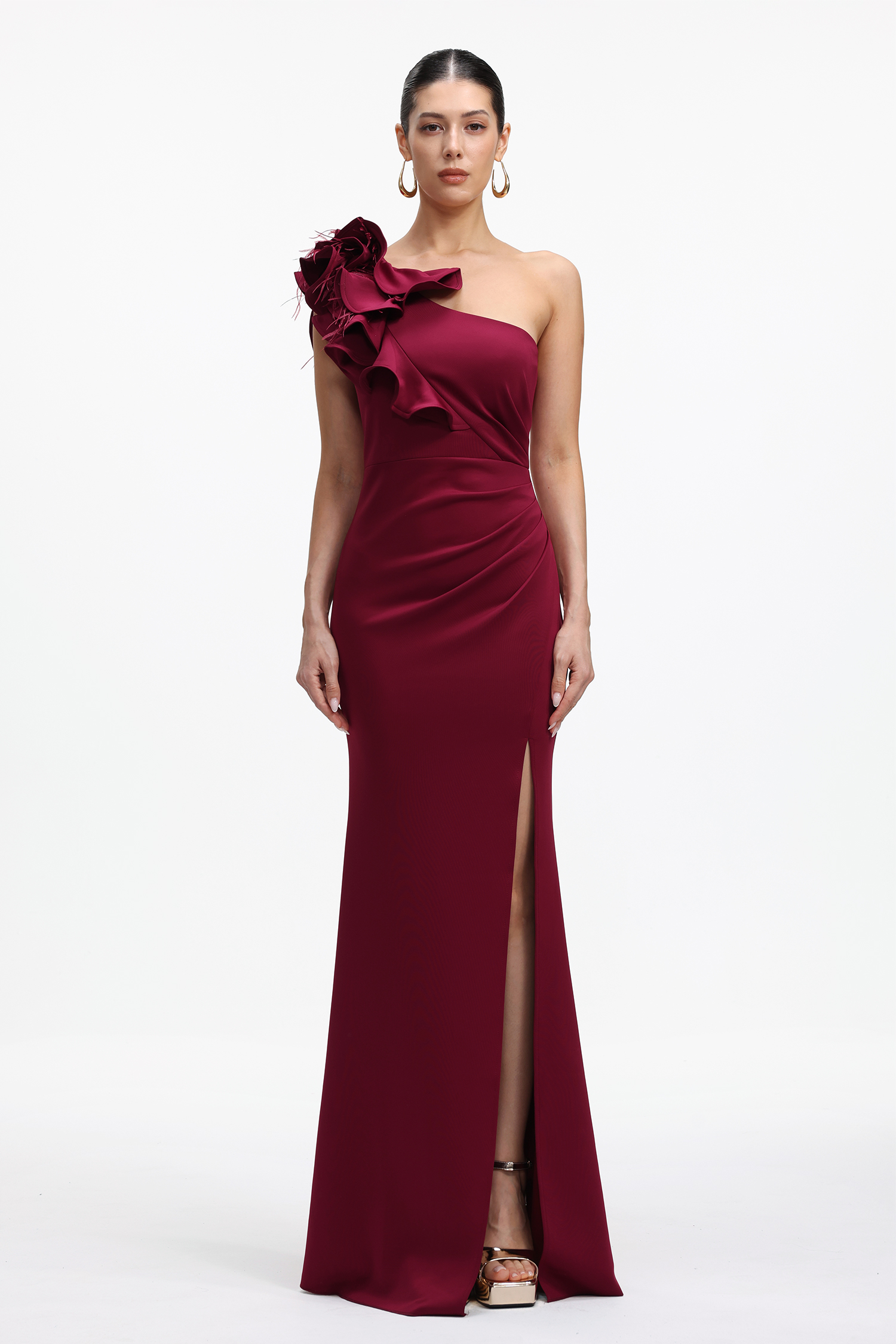 Mishell Romantic Contour One Shoulder Floral Pleated Maxi Dress