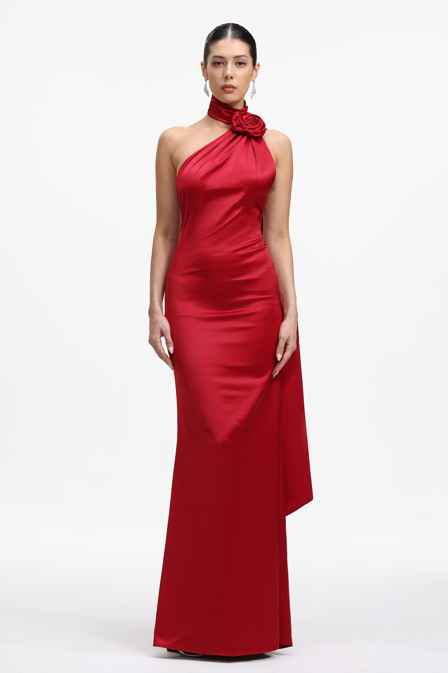 Polasa Romantic Contour Halter Floral Satin Maxi Dress