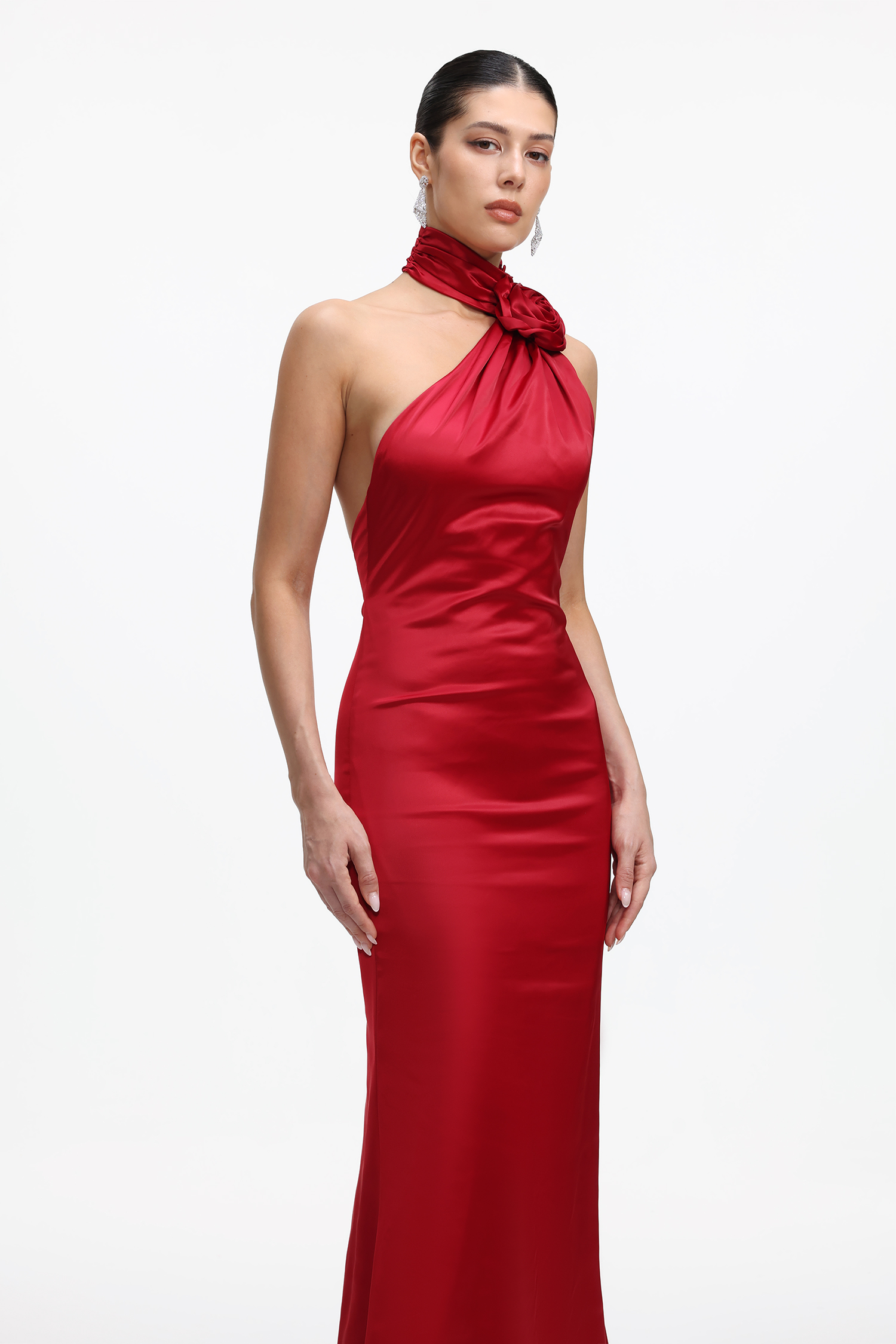 Polasa Romantic Contour Halter Floral Satin Maxi Dress