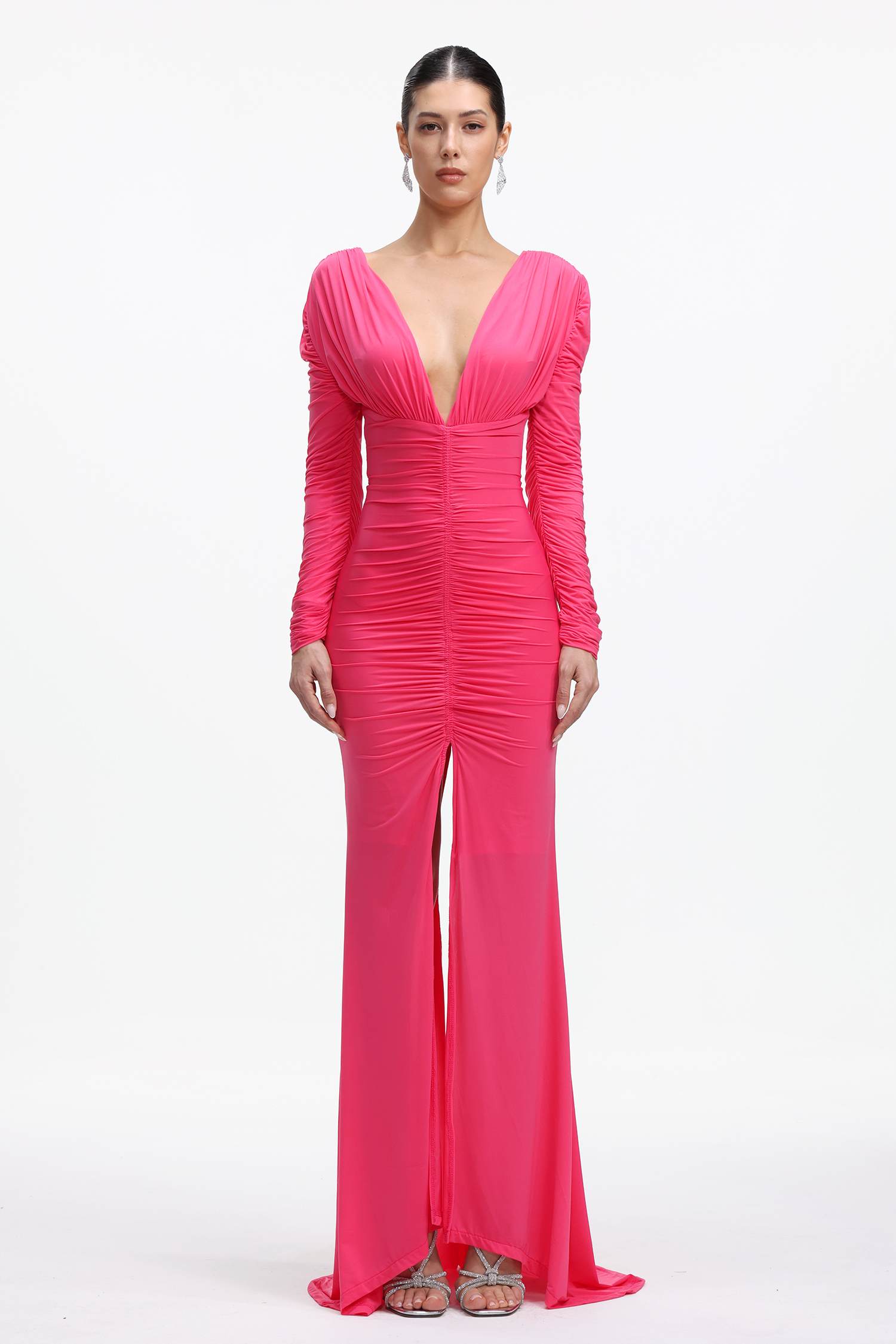 Kerade Chic Contour V Neck Long Sleeve Ruched Knit Maxi Dress