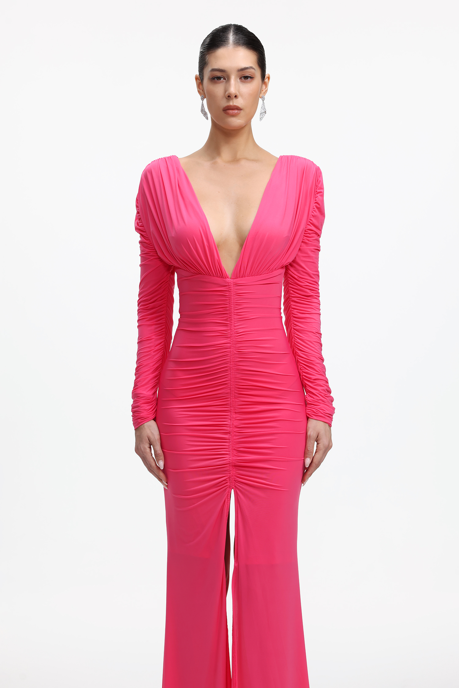 Kerade Chic Contour V Neck Long Sleeve Ruched Knit Maxi Dress