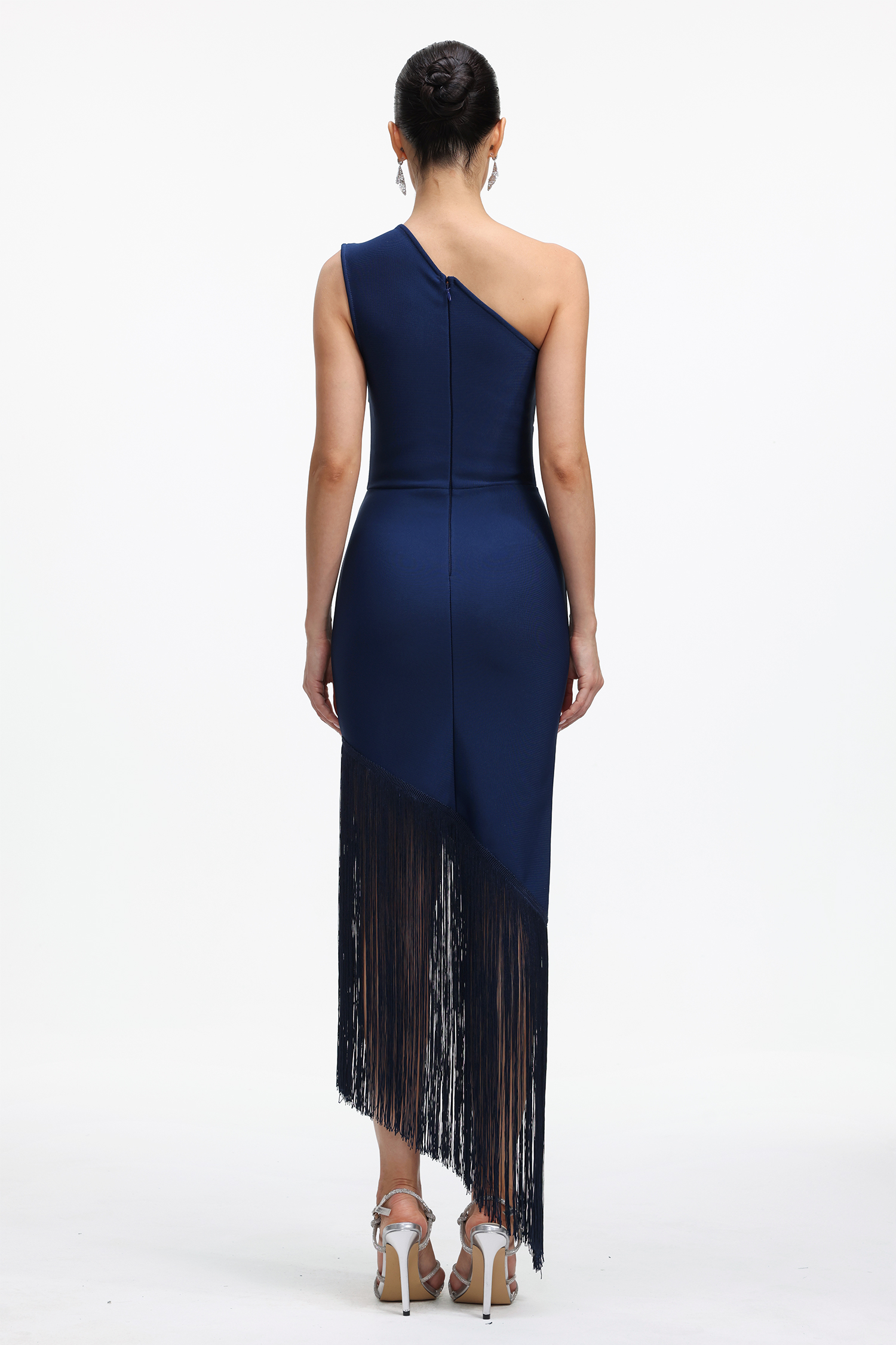 Fanya Elegant Contour One Shoulder Rhinestone Fringe Maxi Dress