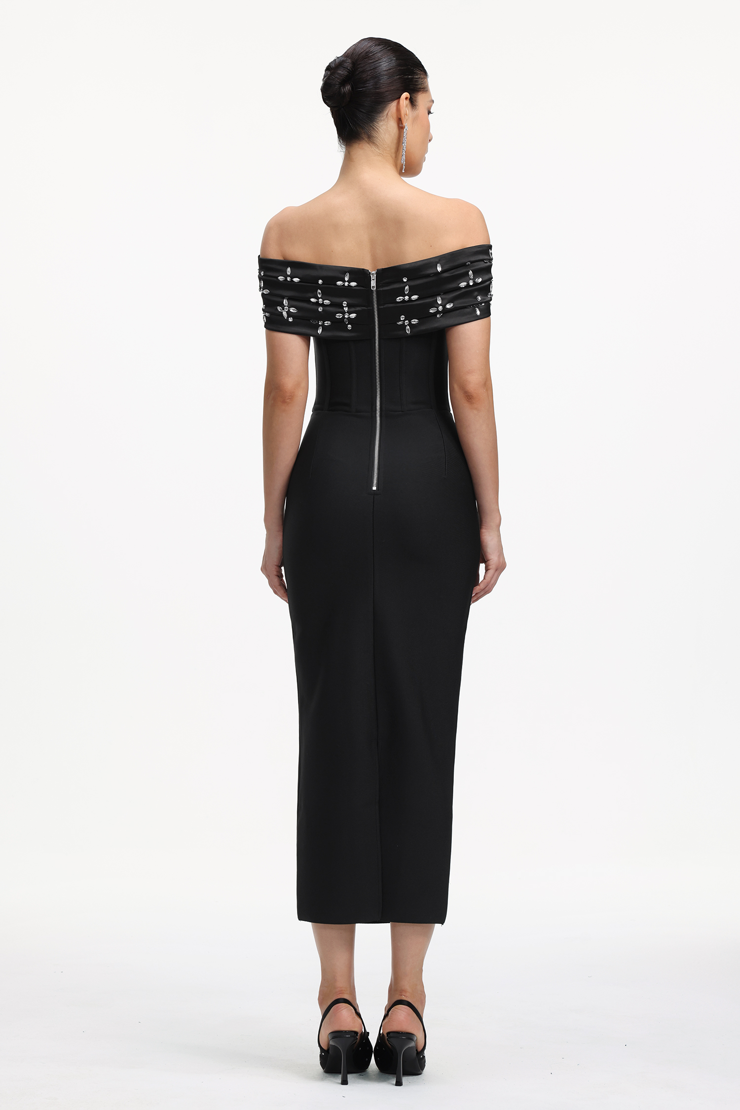 Lilya Elegant Contour Off Shoulder Rhinestone Bandage Maxi Dress