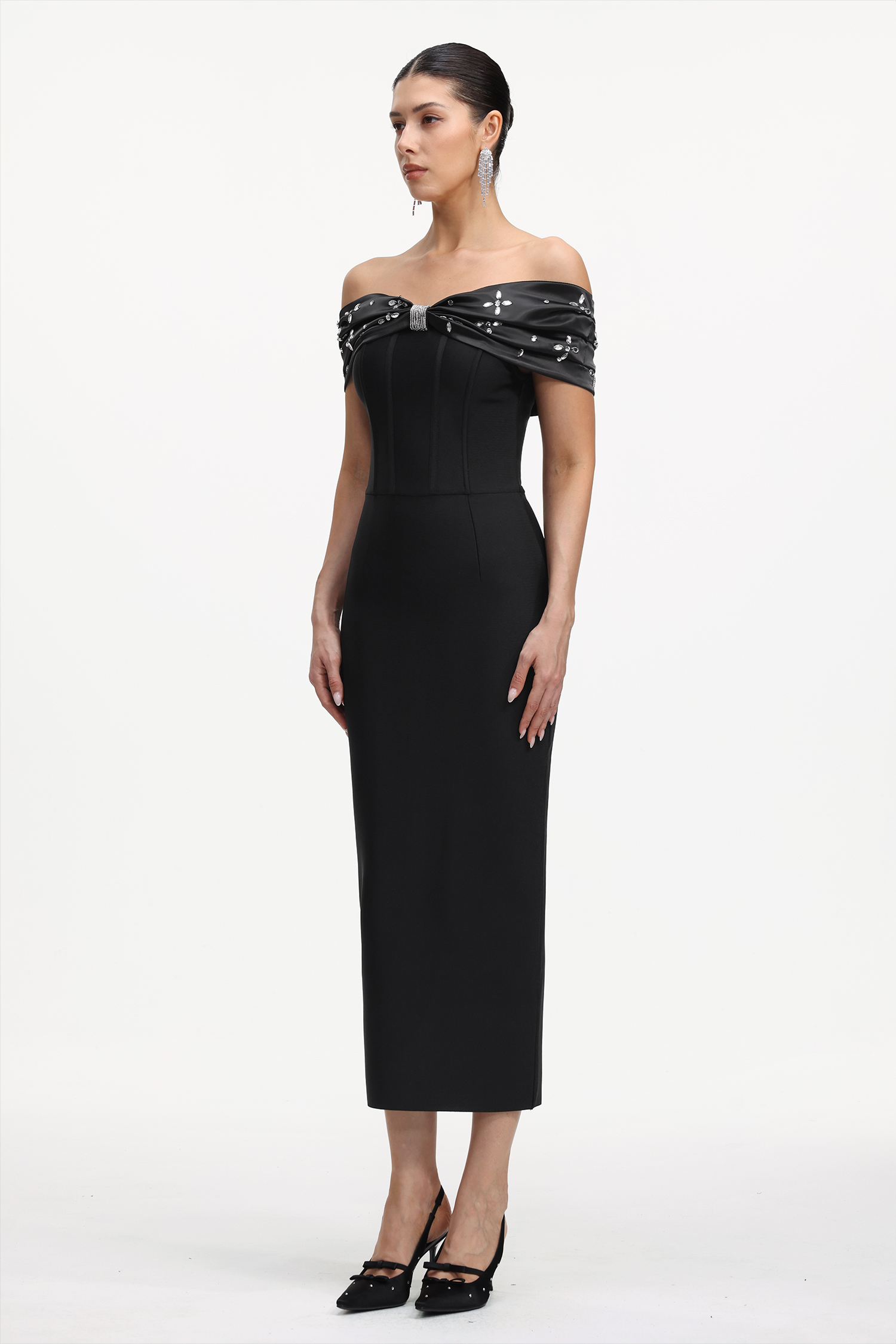 Lilya Elegant Contour Off Shoulder Rhinestone Bandage Maxi Dress