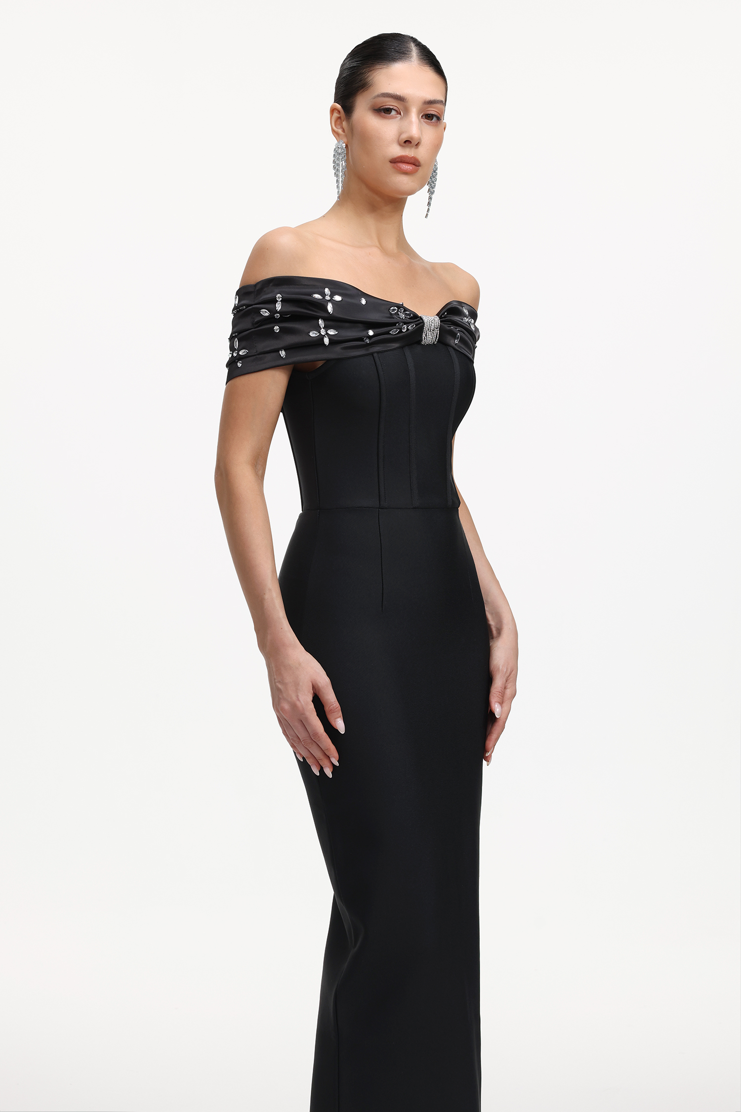 Lilya Elegant Contour Off Shoulder Rhinestone Bandage Maxi Dress