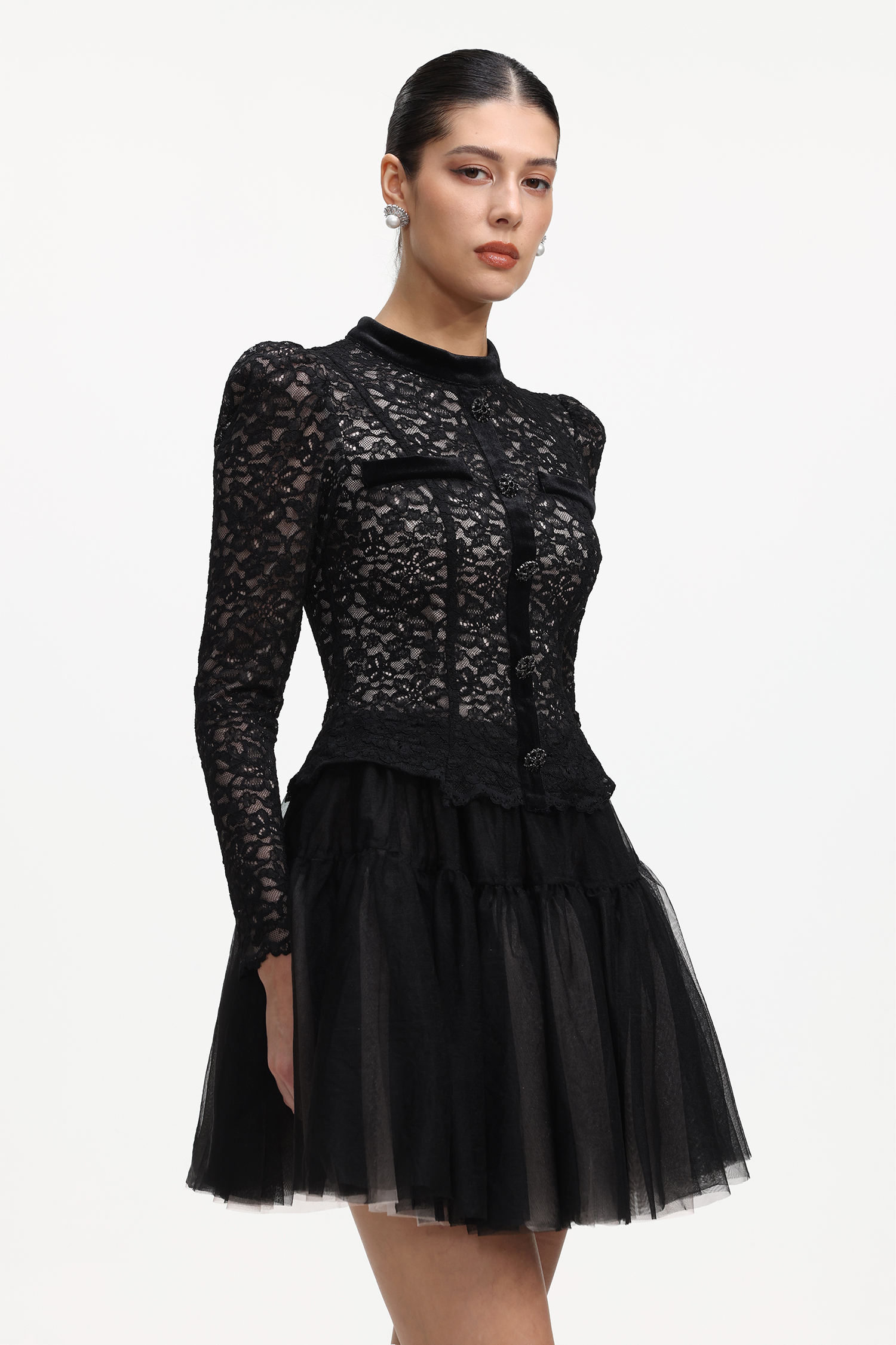 Sefa Elegant Tailored Long Sleeve Lace Mini Dress