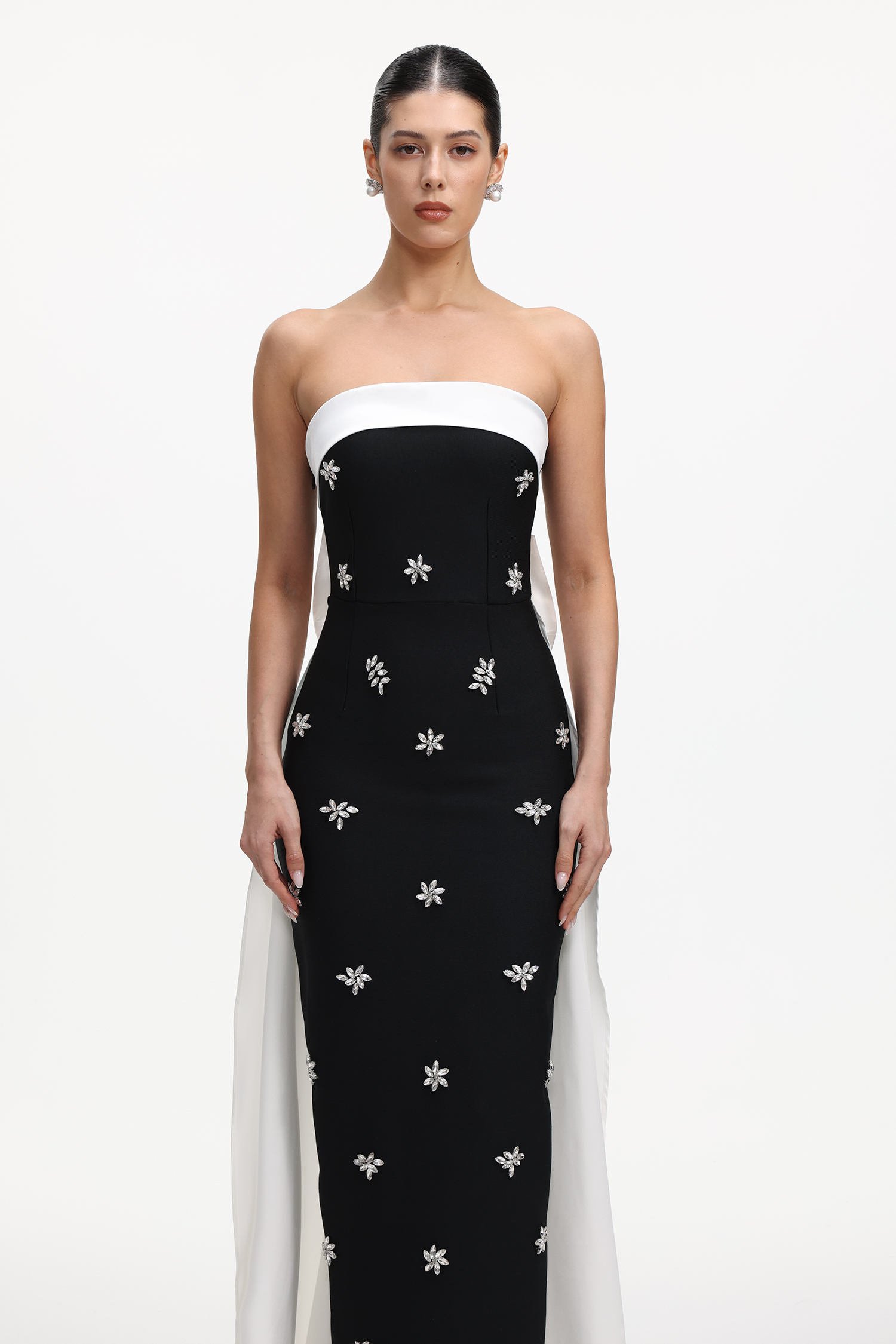 Skyler Elegant Contour Strapless Rhinestone Bow Bandage Maxi Dress